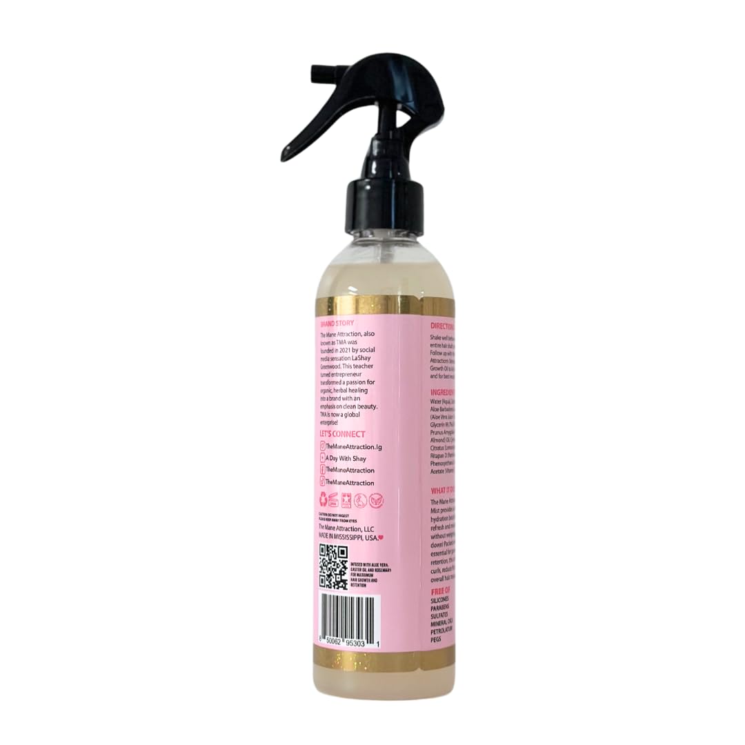 The Mane Attraction’s Nourishing Daily Hair Growth Moisture Mist for ALL Hair Types, Lightweight Moisturizer for Thicker, Longer Hair. Infused with Aloe Vera Juice, Sweet Almond Oil, and Honey. 8oz