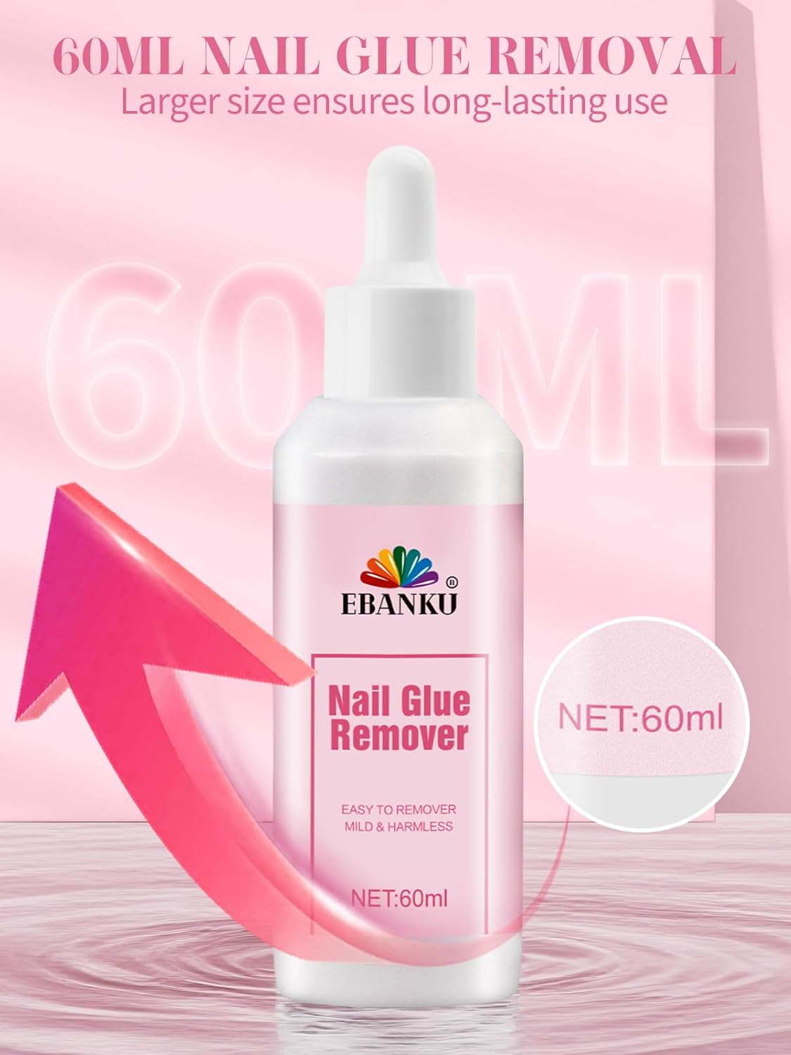 EBANKU 60ML Nail Glue Remover, Press On Nail Remover Quick Easy Removal, False Nails Adhesive Debonder with Cuticle Pusher, Non-Acetone Gentle Off for False Tips