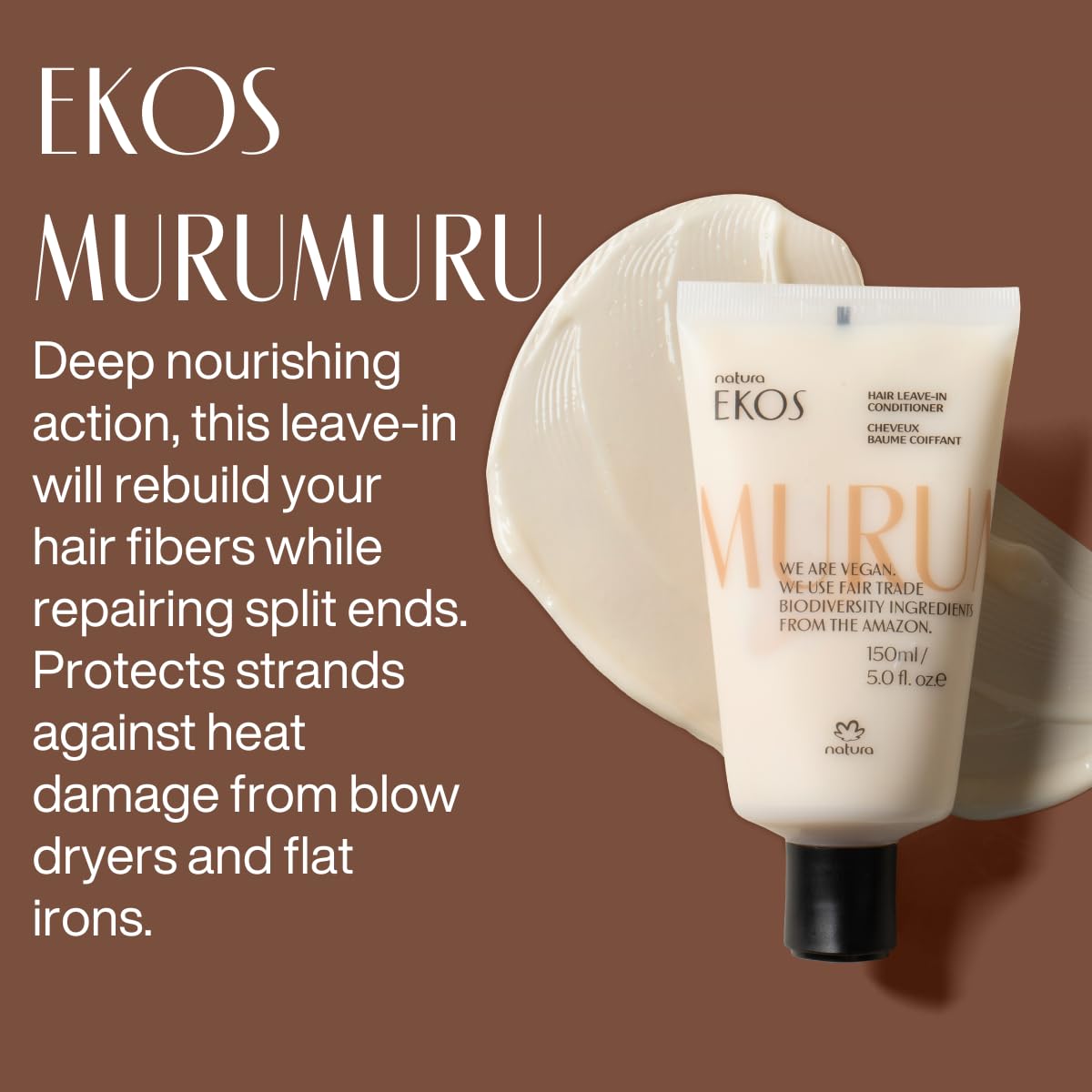 natura Ekos Murumuru Anti-Damage Leave-In 5 fl oz (150ml) - Reconstructs Hair Fiber, Reduces Frizz, Detangles, and Repairs Split Ends, Vegan, Not Tested On Animals, Unisex, For Frizzy Hair