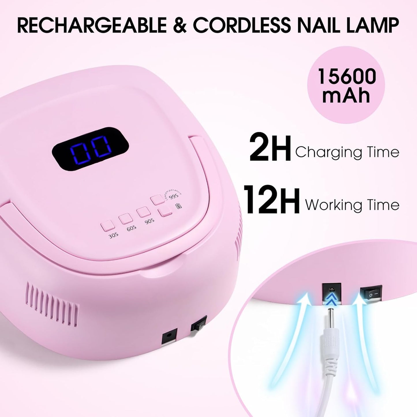 Rechargeable LED Nail Lamp 60W Portable Wireless Nail Dryer UV Gel Polish Light with LCD Display, Auto Sensor and 4 Timer Settings, Professional Curing Lamp with 42 LED Beads for Salon