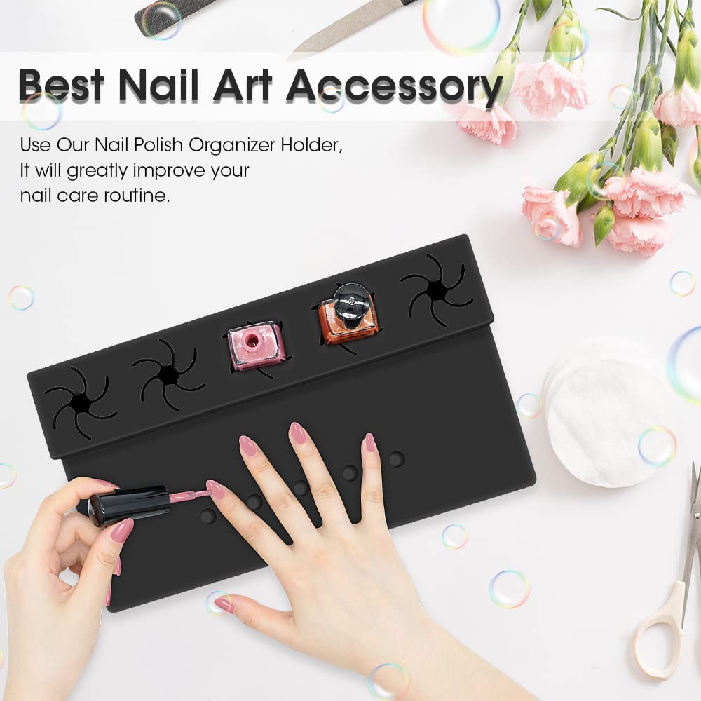 Nail Polish Holder, Silicone Hand Rest Mat Fingernail Painting Tools 2 in 1 Art Accessories Organizer Case Set with Anti-Spill Bottle Stand and Finger Separators for Pedicure Manicure-Black
