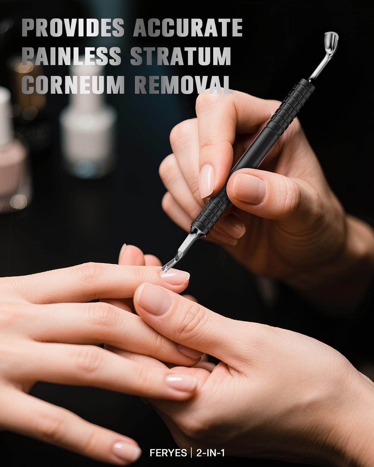 FERYES Upgraded Horseshoe Shape Cuticle Pusher with Fork, 2-in-1 Cuticle Remover Tool, Stainless Steel Cuticle Trimmer Nail Care Tool for Manicures- Black(5.6 Inches)