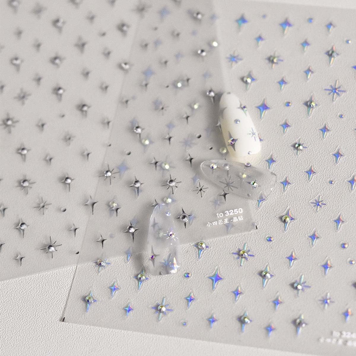 Silver Star Nail Decals 5D Embossed Self-Adhesive Nail Stickers Stars Nail Art Stickers Shiny Rhinestones Nail Design Star Sticker for Nails DIY Decorations Nail Decals Women Manicure 1Sheet