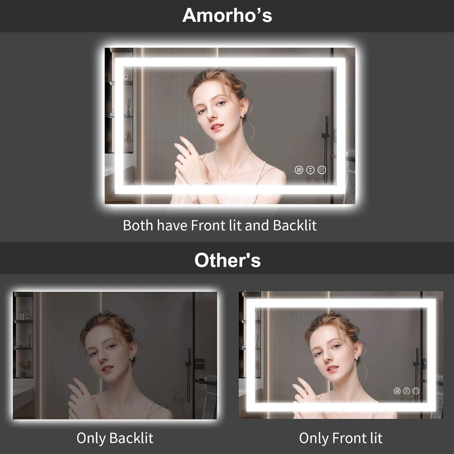 Amorho LED Bathroom Mirror 68"x 36" with Front and Backlight, Stepless Dimmable Vanity Mirrors with Anti-Fog, Shatter-Proof, Memory, 3 Colors, Large Lighted Mirrors for Wall