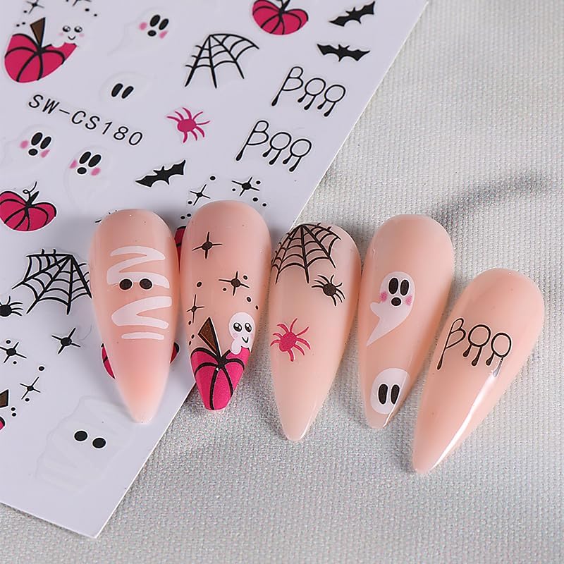 Halloween Nail Art Stickers 8 Sheets Cute Ghost Pink Pumpkin 3D Self-Adhesive Nail Decals Blood Chilli Cherry Designs ScorpionNail Decorations Halloween DIY Manicure Supplies for Women Girls&Kids
