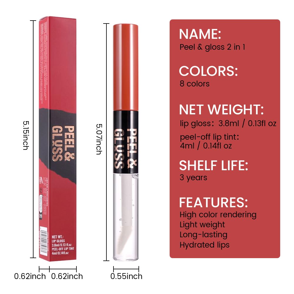 Dewy Rose Lip Stain Peel Off Lip Gloss oil Dual-Ended Combo, Lips Liner Stain Peel Off Tattoo, Long Lasting & Waterproof, Transfer-Proof Lip Tint Stain with Lip oil for All Skin Type 02#