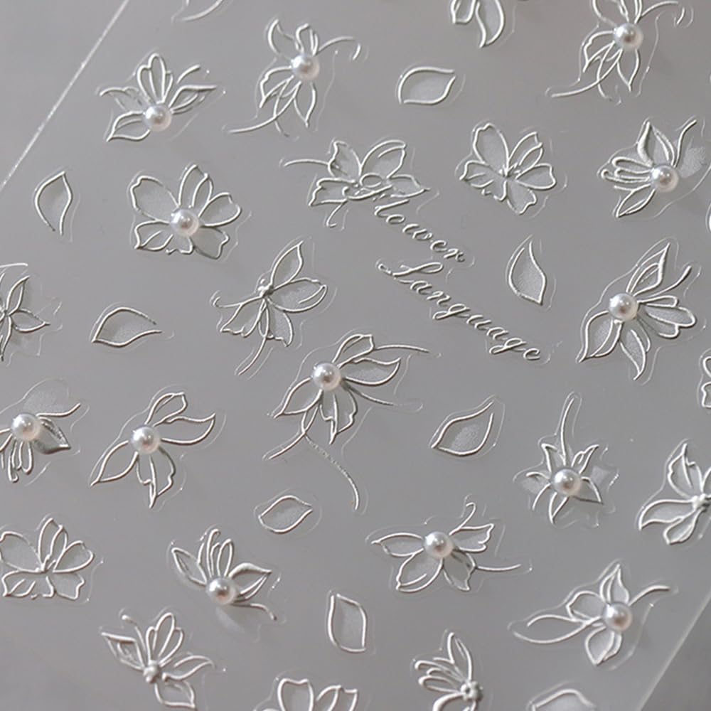 Flower Nail Art Stickers Sparkly White Floral Nail Stickers 5D Embossed Light Style Nail Decals Accessories Pearl Adhesive Slider Nail Art Supplies for Women DIY Decorations