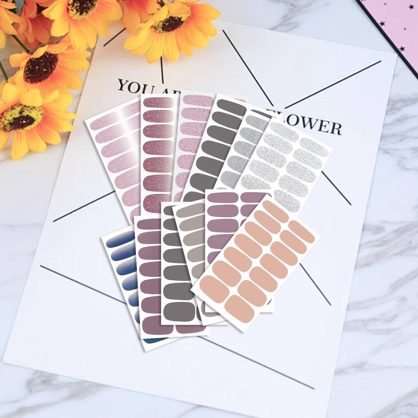 WOKOTO 20 Sheets Self-Adhesive Nail Polish Stickers with 1pcs Nail File Full Nail Wraps Nail Art Stickers Gray Series Gel Nail Strips Kit for Girls Women Stick On Nails Polish Strips for Nails