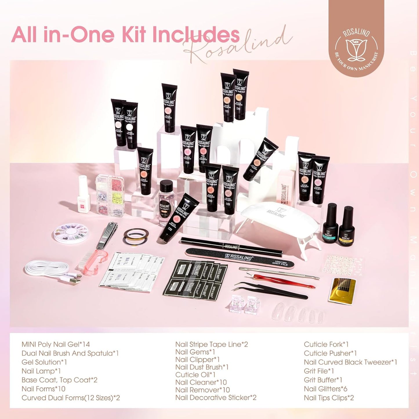 ROSALIND Poly Nail Gel Kit -14 Colors +72 Nail Art Accessories kit Nude Pink Poly Nails Gel Kit Starter Kit with Mini UV Lamp Slip Solution Basic Poly Nail Art Tools for Beginners with Everything