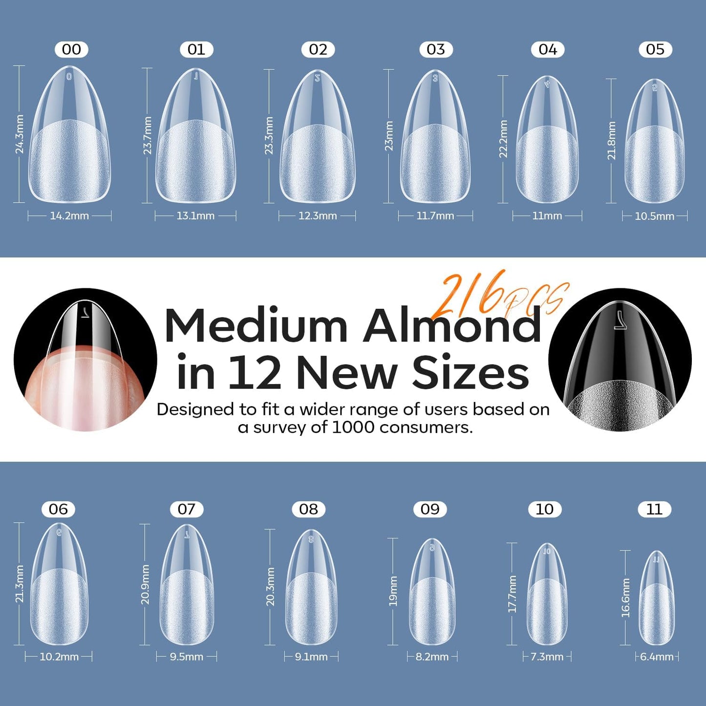 modelones Medium Almond Gel Nail Tips Kit, 9-in-One Nail Glue with Portable U V Lamp 216Pcs 12Sizes Pre-Etched Press ons Fake Acrylic Extension Kit DIY Salon Gift for Women