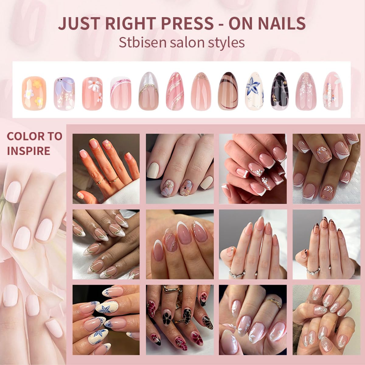 French Short Press On Nails Almond, Nude Fake Nails with Beige French Tip and Graceful Blue Floral Petal Design, Glossy Gel Finish Acrylic Nails, Natural Reusable Glue On Nails Kit for Women, 24 Pcs