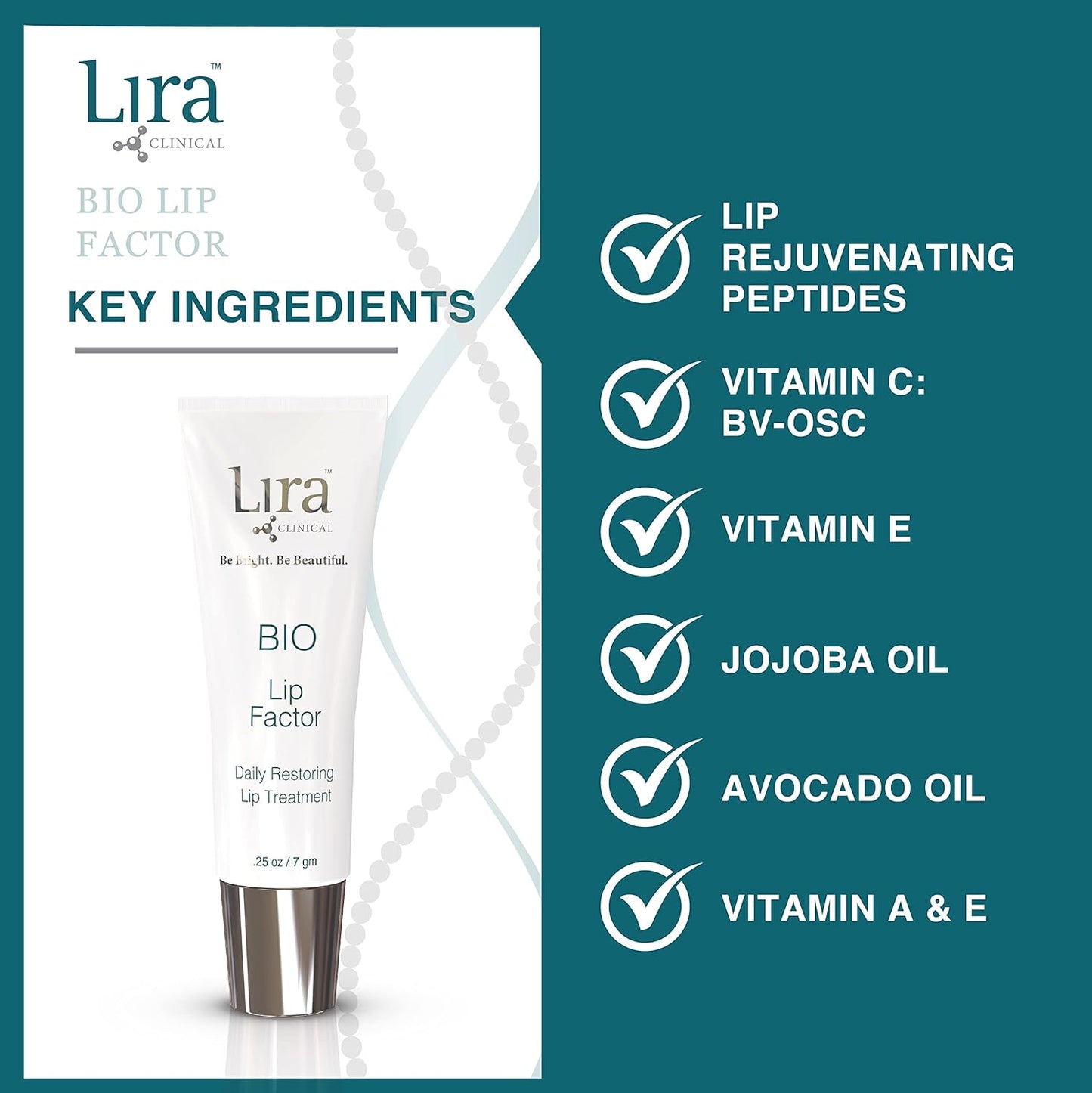 Lira Clinical BIO Lip Factor - Lip Balm SPF 15 for Soft, Full, and Supple Lips - Lip Treatment with Peptides, Vitamin C, E, Jojoba Oil, Avocado Oil - Lip Moisturizer for Dry Lips - 0.25 Ounce
