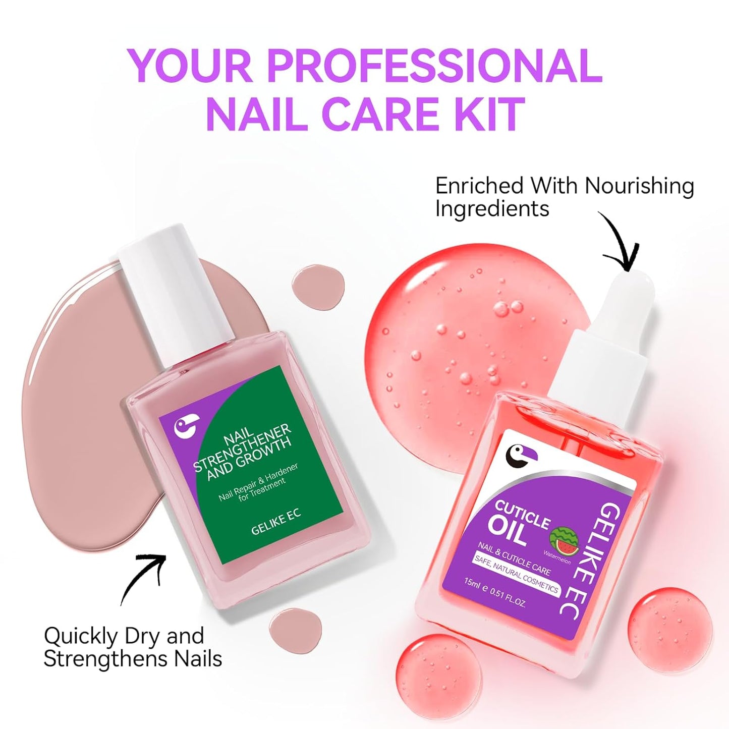 Gelike EC Professional Nail Care Kit: Nude Nail Strengthener and Growth & Watermelon Cuticle Oil (15ml) - Hydrating Protein Care for Dry Nails - Lightweight Non-Sticky - Perfect for Summer Manicures