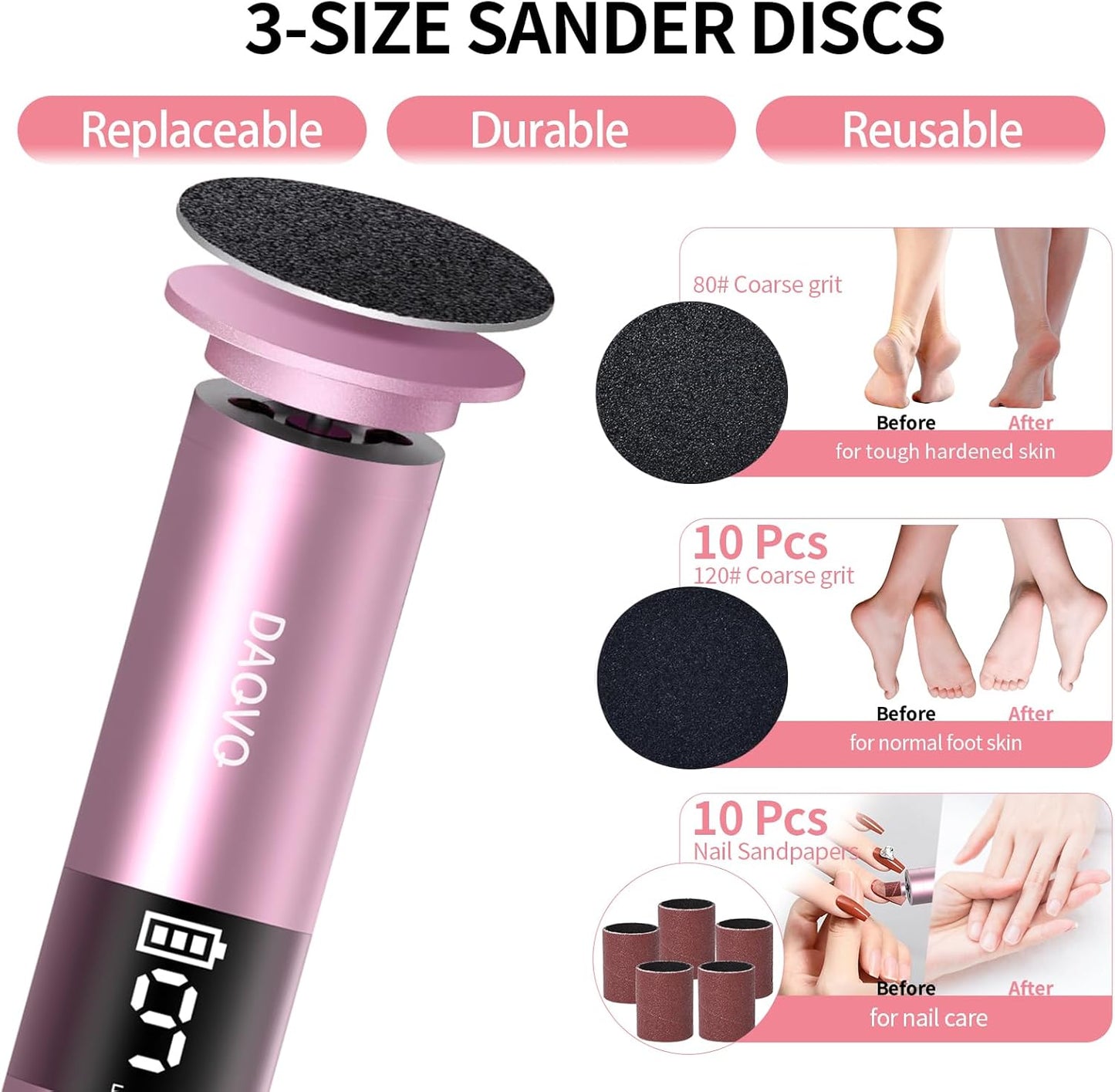 2 in 1 Electric Foot Callus Remover, USB Rechargeable Electric Foot File Grinder with 80/120 Grit Sandpaper Discs and Digital Display, Wireless Aluminum Pedicure Tools for Feet,Nail Care,Dead Skin