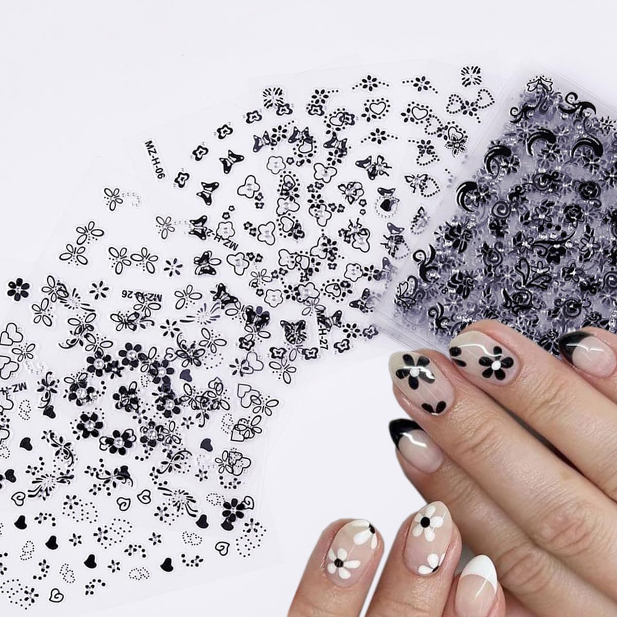 30Sheets Flower Nail Art Stickers White Black Colorful Flowers Nail Decals Daisy Rose Cherry Blossoms Nail Design Supplies 3D Self-Adhesive Floral Nail Stickers for Women DIY Nail Charms Decoration