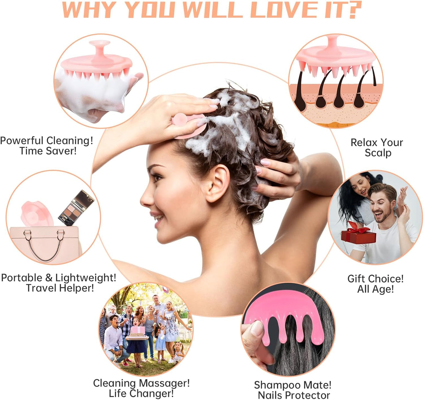 DUAIU Scalp Massager Shampoo Brush with Head Scalp Comb, Silicone Scalp Scrubber Gua Sha Comb for Women Men Hair Growth Dandruff Removal, Head Massage Brush Comb Set Gift, Pink