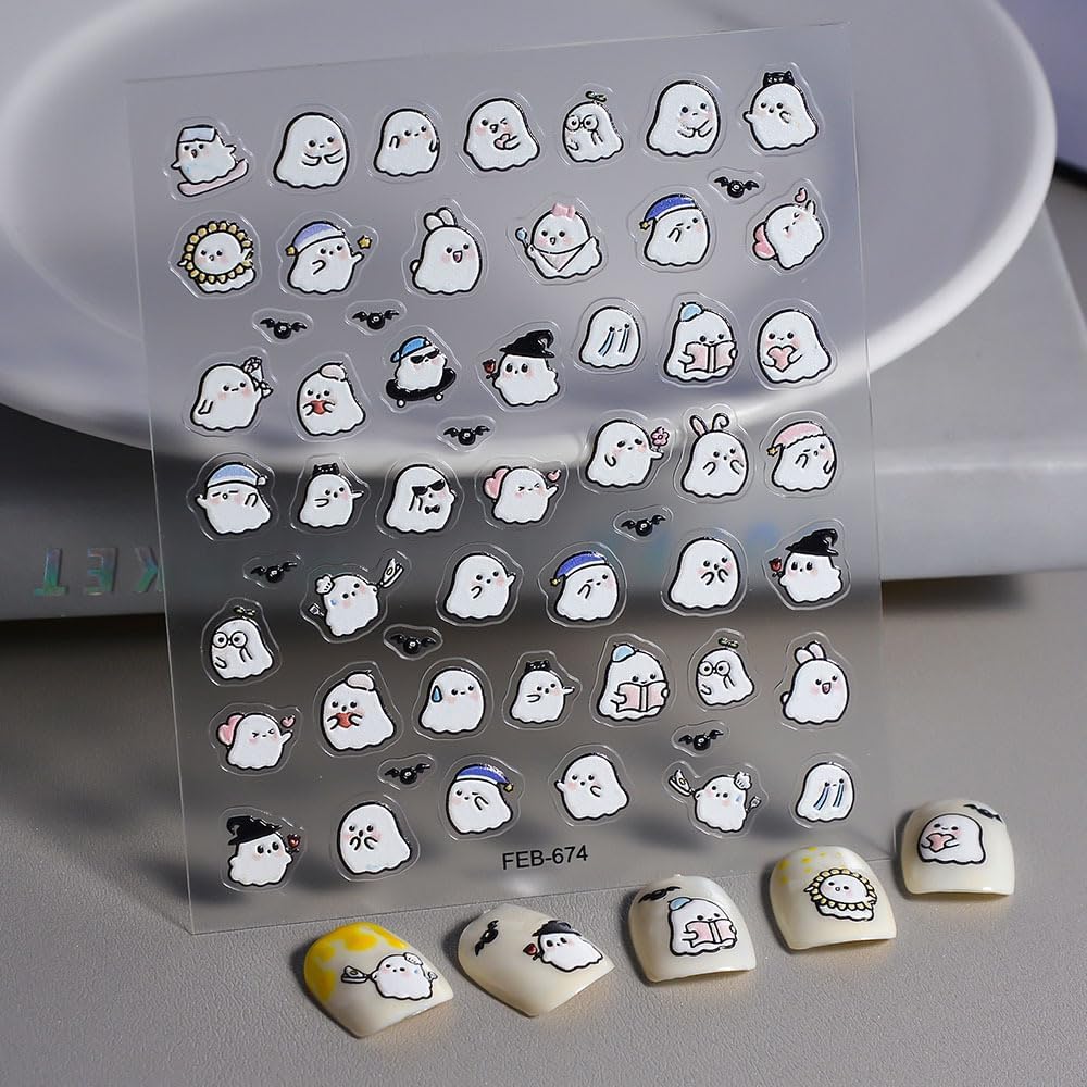 Halloween Nails Stickers White Ghost Nails Sticker 3D Embossed Cute Ghosts Self Adhesive Sticker Nail Decals Ghost with Hat Nail Art Decal Halloween Decals for Nail DIY Manicure 1Sheet