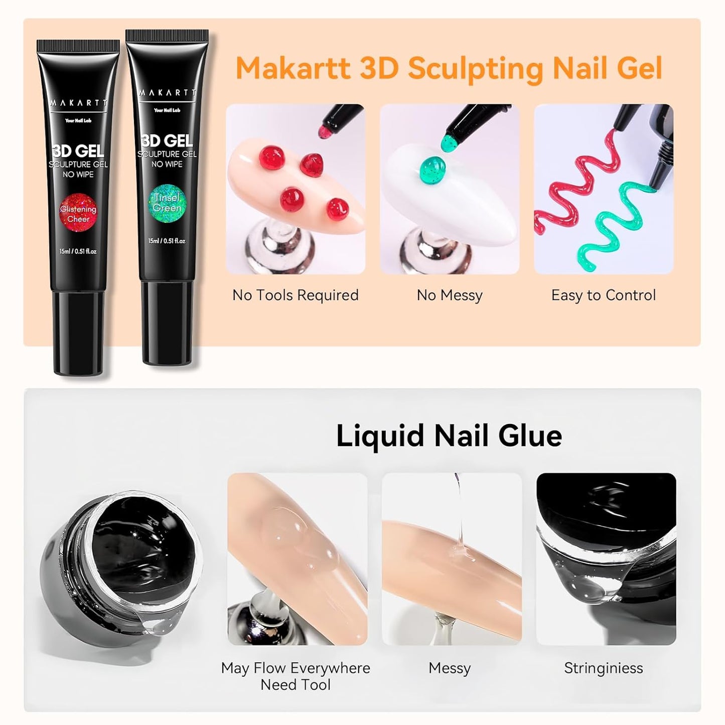 Makartt 3D Sculpting Gel for Nail Art Kit: 3D Nail Gel for Nail Art, 15ml No Wipe Polish for Molding Drawing, Embossed Gels for Nail DIY Manicure - Glistening Cheer & Tinsel Green (2PCS)