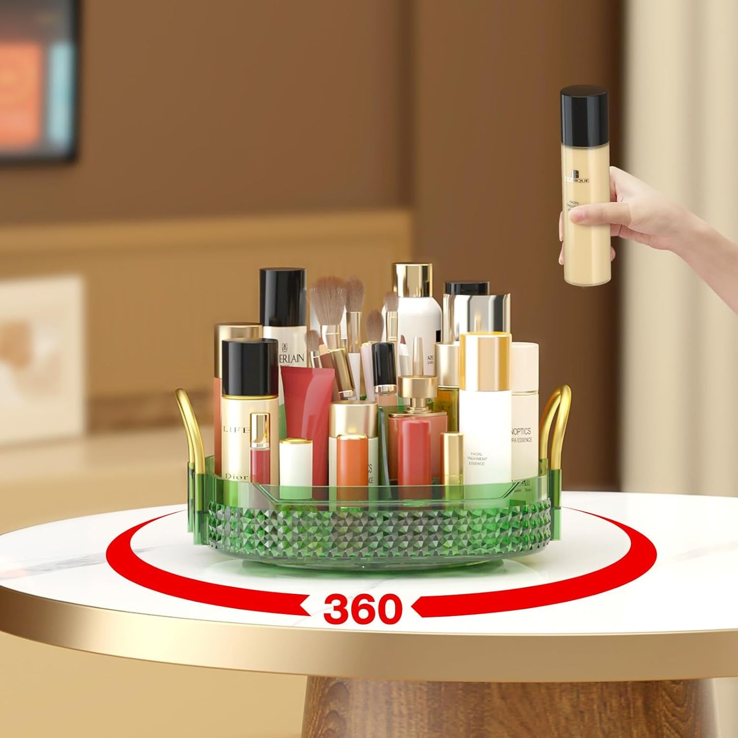 Awenia Rotating Makeup Organizer 360, Stackable Adjustable Large Capacity Cosmetic Storage Unit,Dresser Bathroom Kitchen Countertop Organizer with Metal Handle, Plus Size (Gem Green, 1 Tier)