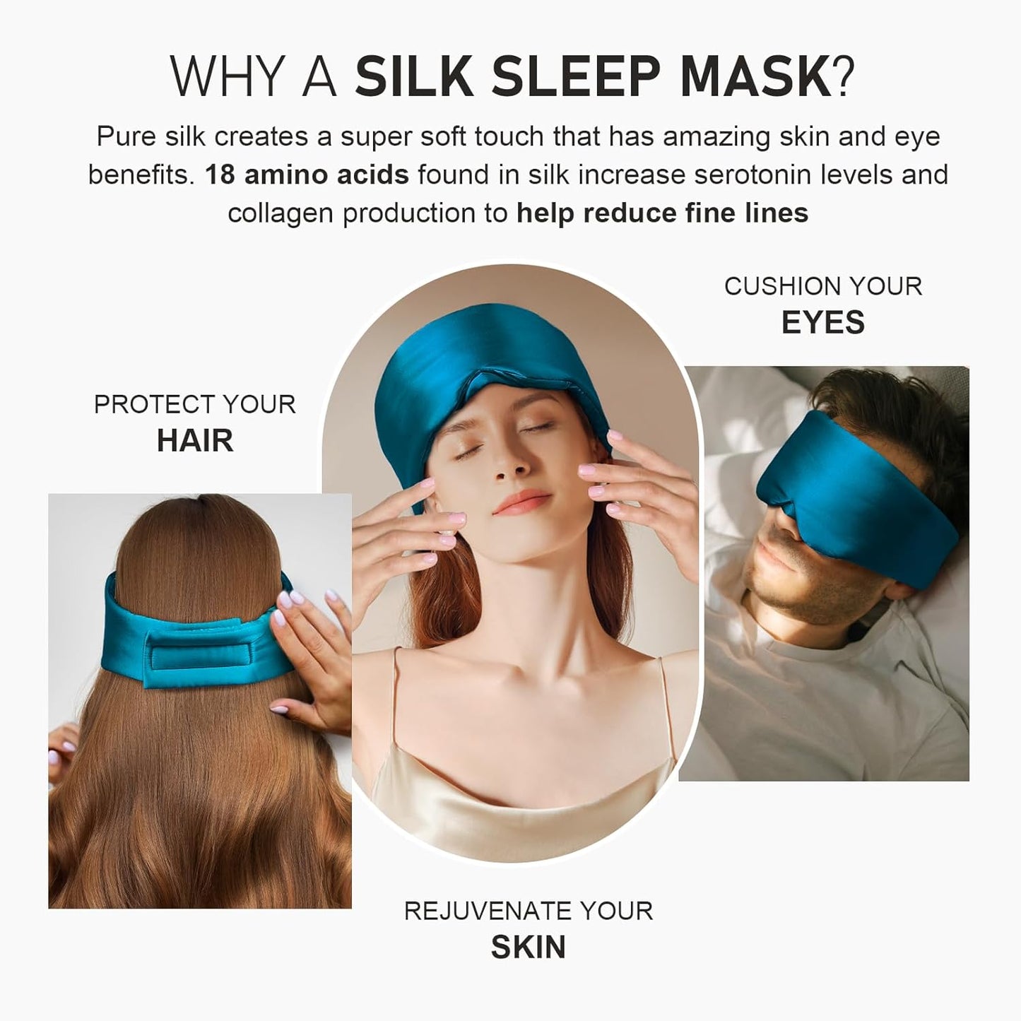 LitBear Silk Sleep Mask for Side Sleeper, Eye Mask Sleeping for Women Men 100% 22 Momme Pure Mulberry Silk, Face-Hugging Padded Eye Cover for Sleeping with Adjustable Band (Peacock Blue)