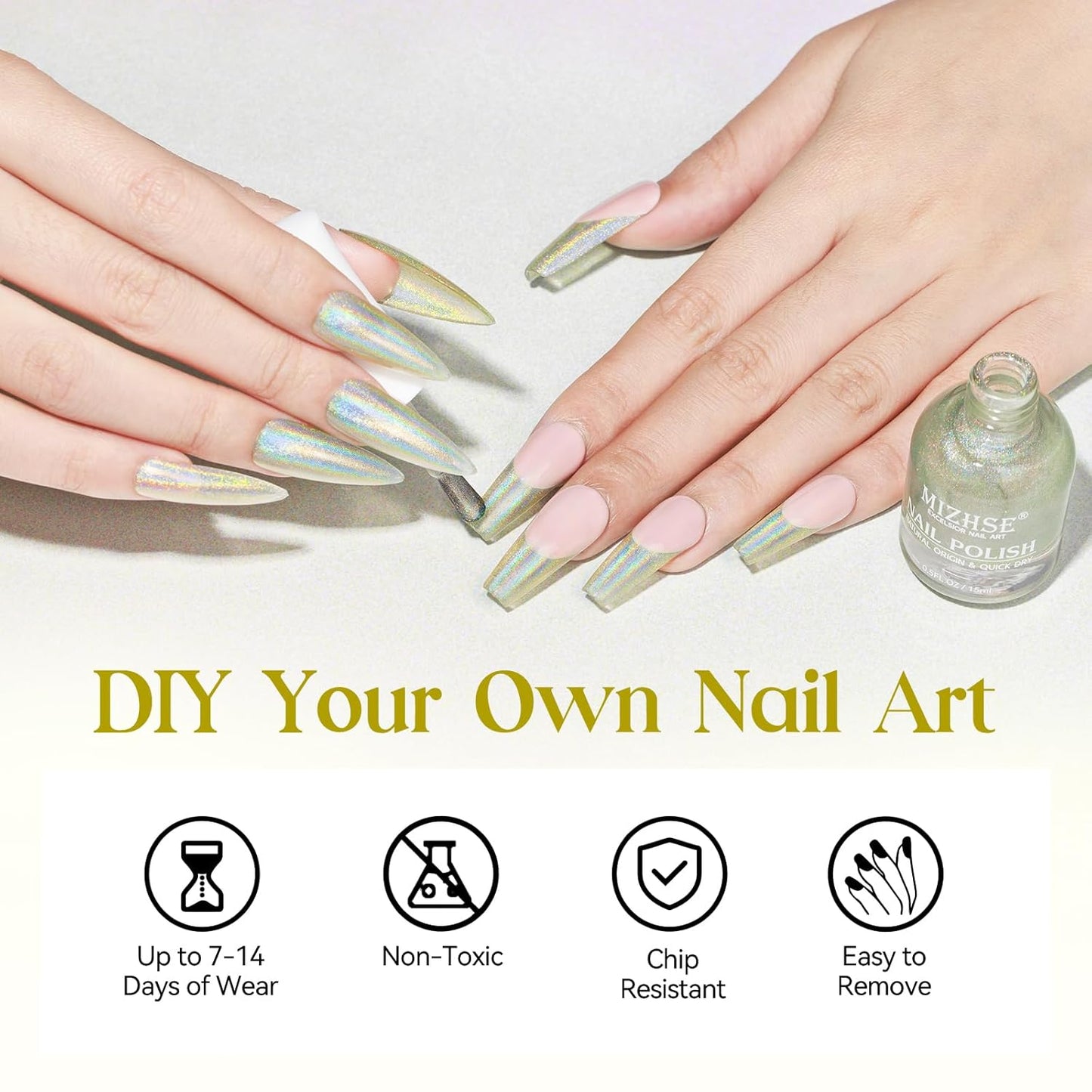 MIZHSE Holographic Nail Polish, Glitter Nail Polish Air Dry Fast, 15 ml High Glossy Shiny Nail Pigment Oil-based Laser Iridescent Chrome Nail Art Salon Manicure Home