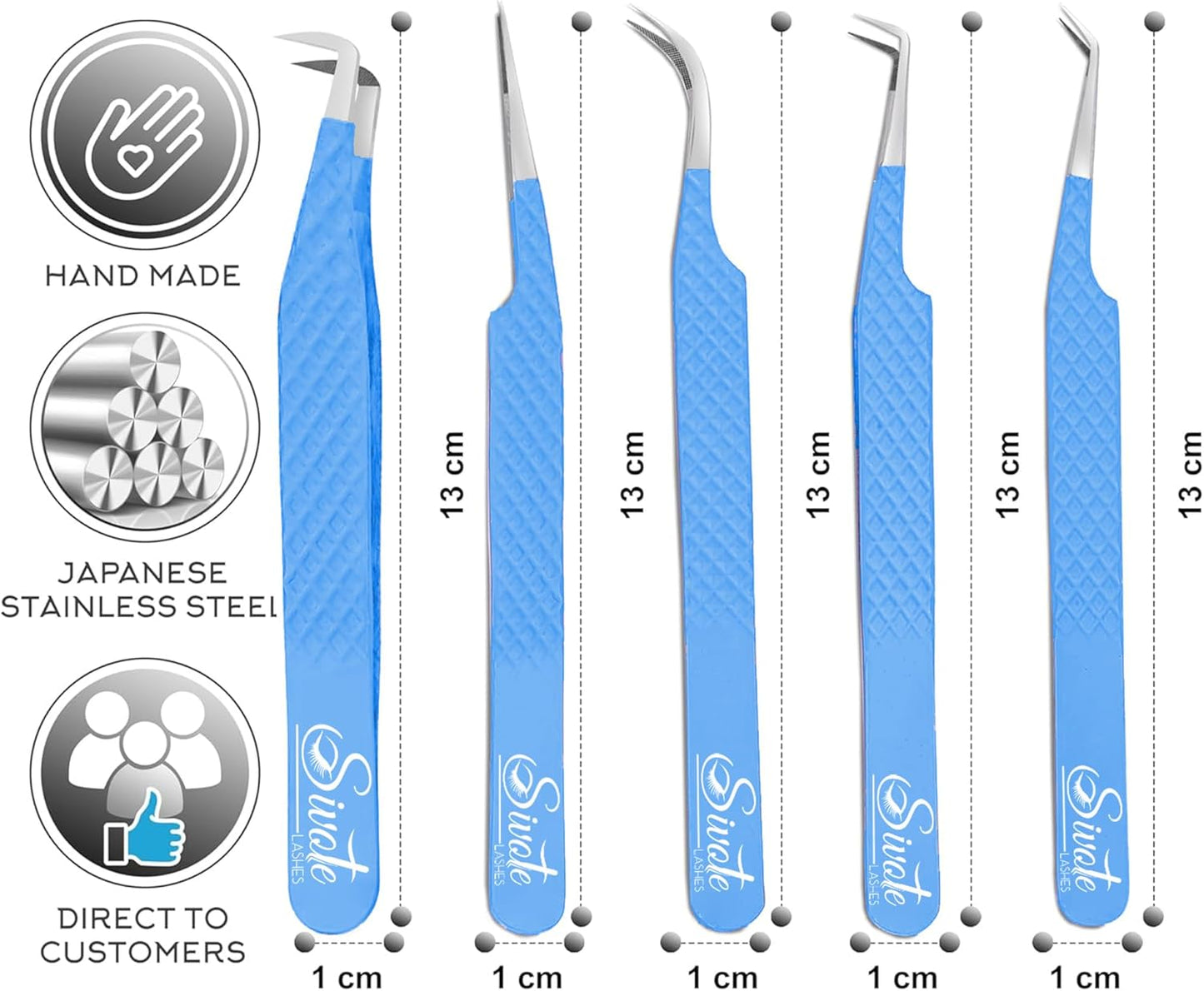 SIVOTE Lash Tweezers for Eyelash Extensions, Pack of 5 Blue – Lash Extension Tweezers Set with Diamond Grip, Precision Fiber Tip for Volume Tweezers Eyelash Extensions