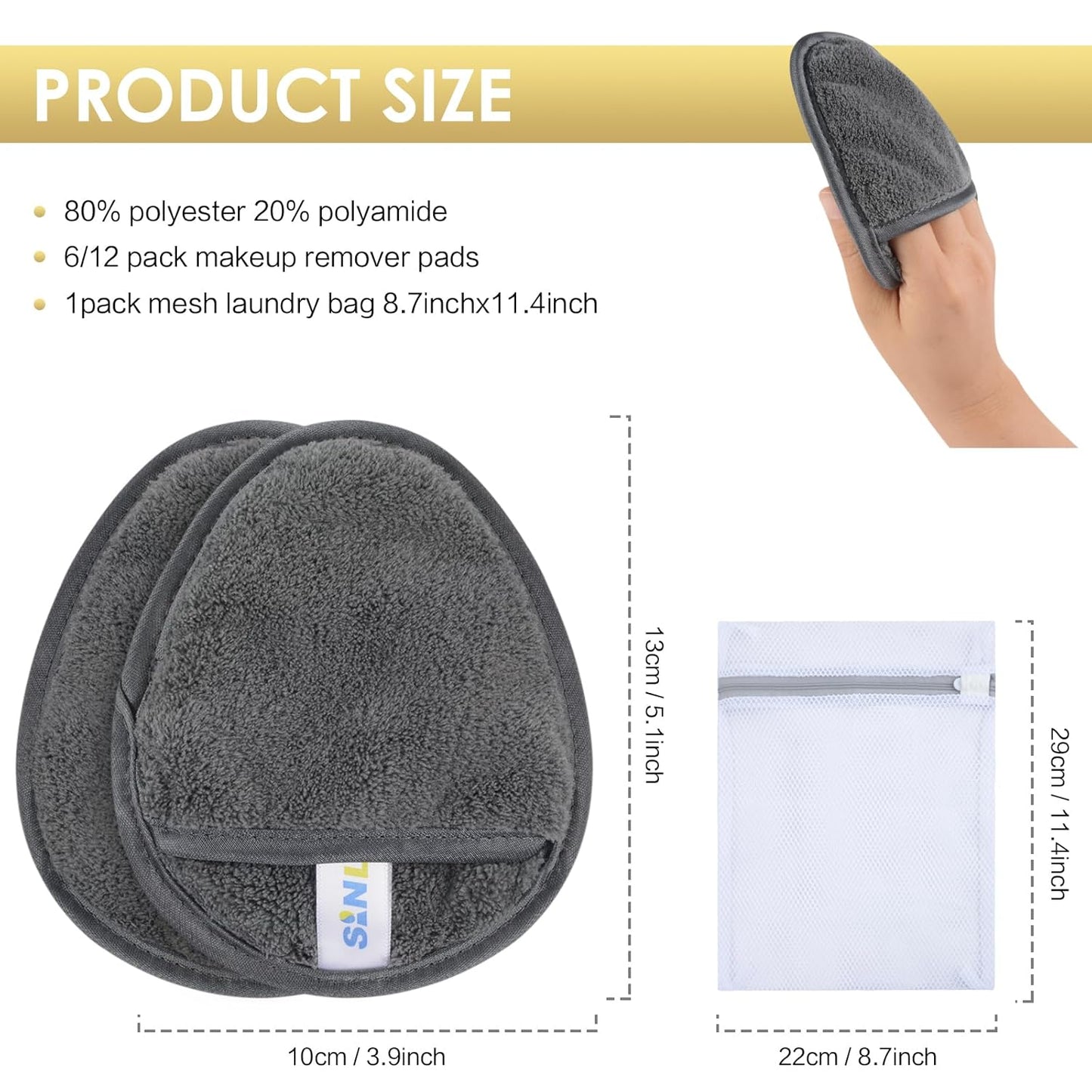 SINLAND Reusable Makeup Remover Pads For Face,Eye,Lips Microfiber Gentle Facial Cleansing Cloths for All Skin Types Friendly for Makeup Remover With Laundry Bag 5.1inchx3.93inch Grey Pack of 6