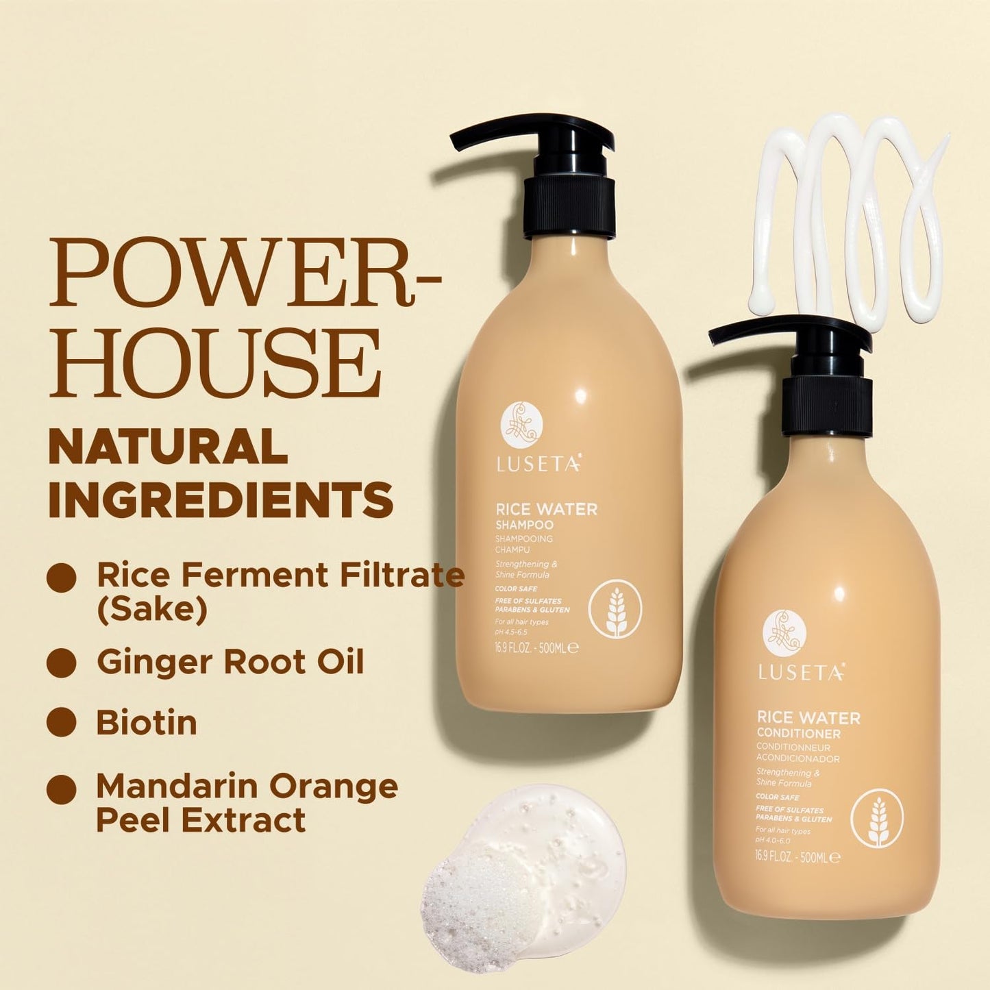 Luseta Rice Water Shampoo and conditioner Set Strengthening & Nourishing Revitalizes Shine for All Hair Types Hydrating & Frizz Control for Women and Men 33.8oz*2