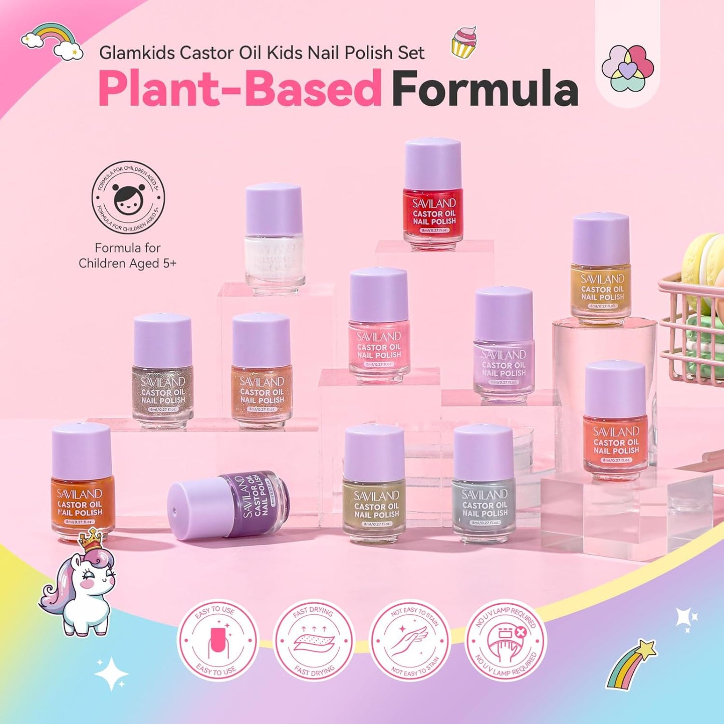 SAVILAND Glamkids Kids Nail Polish Set: 12 Colors Quick Dry Non-Toxic Nail Polish for Toddler, Water Based Peel-Off Fingernail Polish Safe Nail Art Kit with Sticker for Girls & Boys Ages 5-12 Manicure