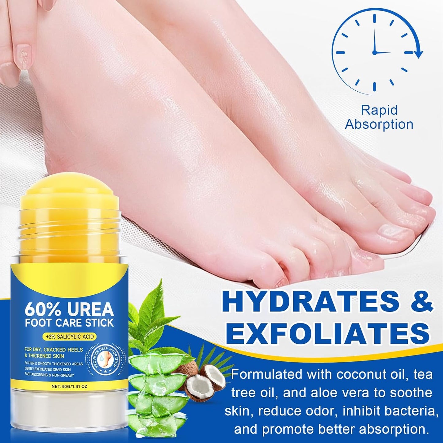Urea Cream 60% Hydrating Foot Care Stick, 1.41 Fl Oz Foot Cream Moisturizer for Dry Cracked Feet & Hands, Feet Lotion Fast Repairs Rough Heels, Callus Remover