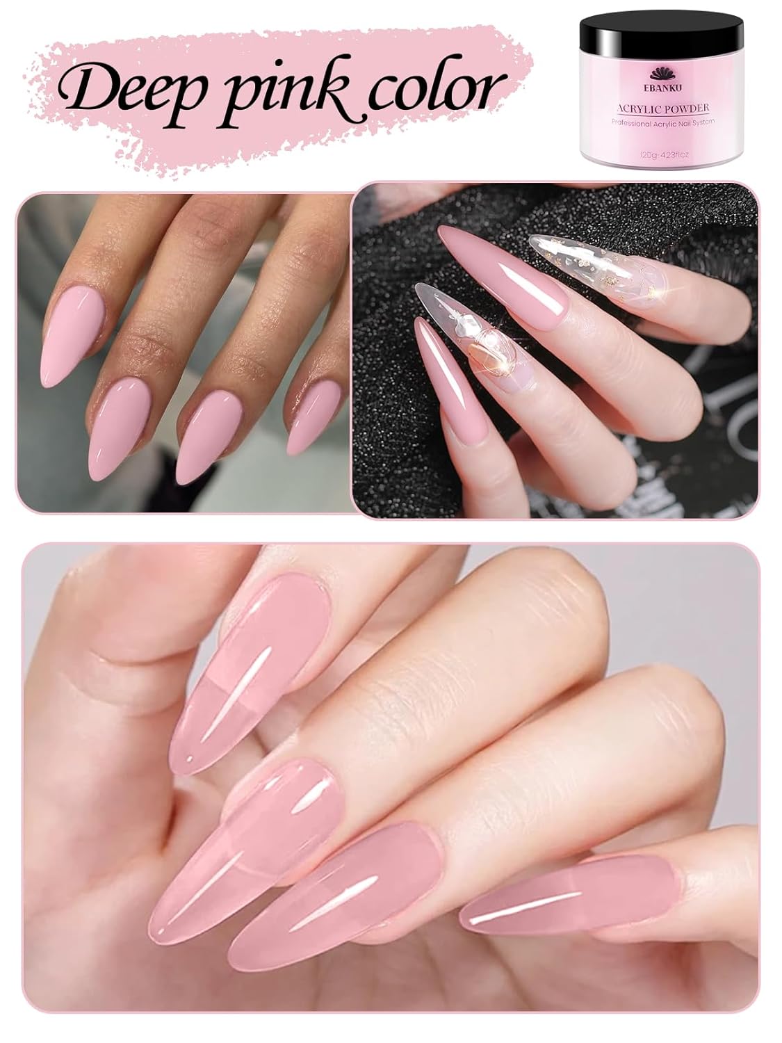 Pink Acrylic Powder, EBANKU 120g/4.23oz Cover Pink Nail Acrylic Powder Large Capacity Professional Acrylic Nail Powder for Nail Extension, Nail Carving, Long-Lasting, No Nail Lamp Needed