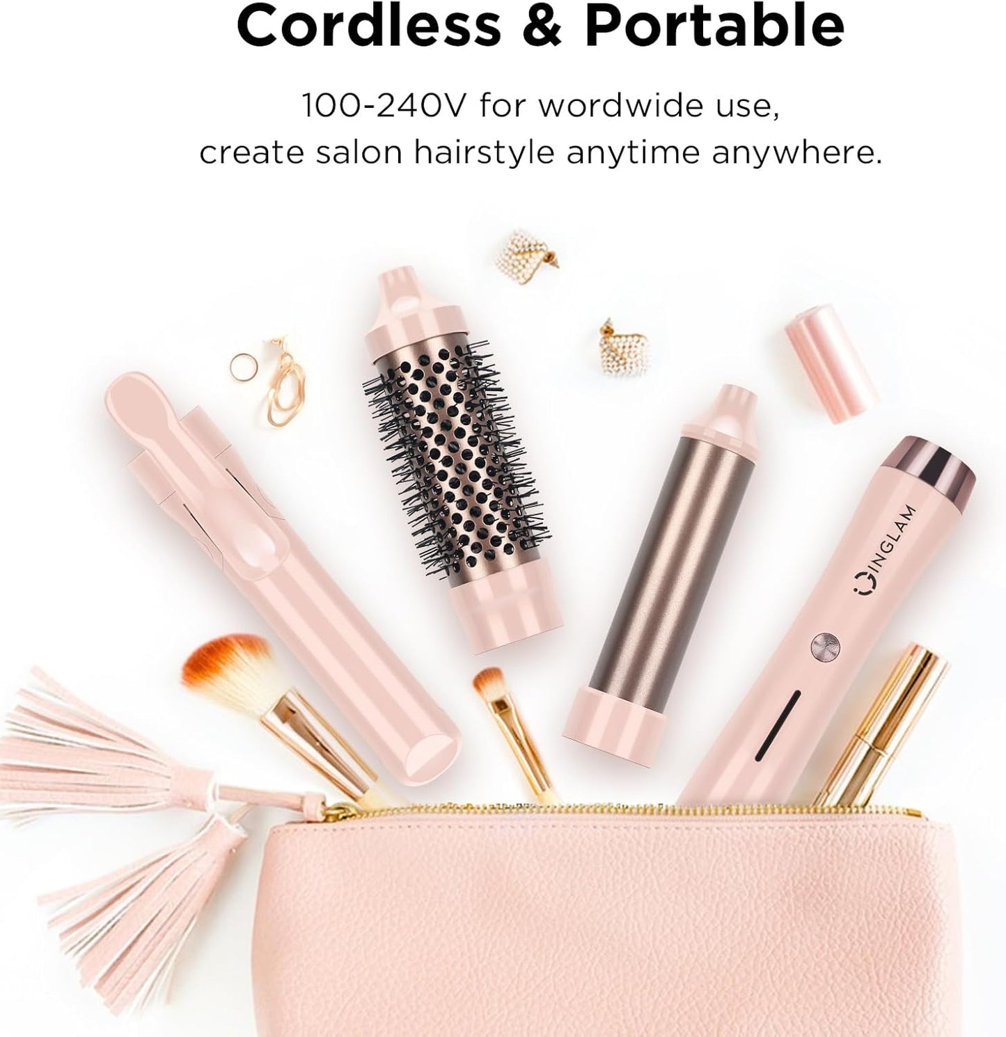 Cordless Hair Straightener and Curler, IG INGLAM 3 in 1 Detachable Hair Styling Set with 1'' Flat Iron, 1.25" Curling Wand, 1.5" Thermal Brush, Rechargeable Portable for Travel, Gift for Women