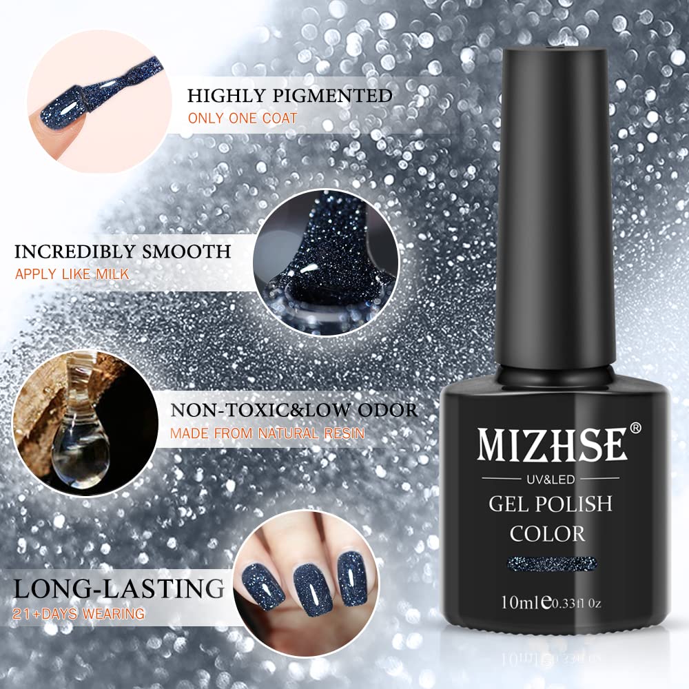 MIZHSE Diamond Gel Nail Polish, Reflective Glitter Dark Blue Gel Polish, Sparkly Shiny Diamond Nail Art Varnish, Soak Off Nail Art Manicure DIY at Home Gift