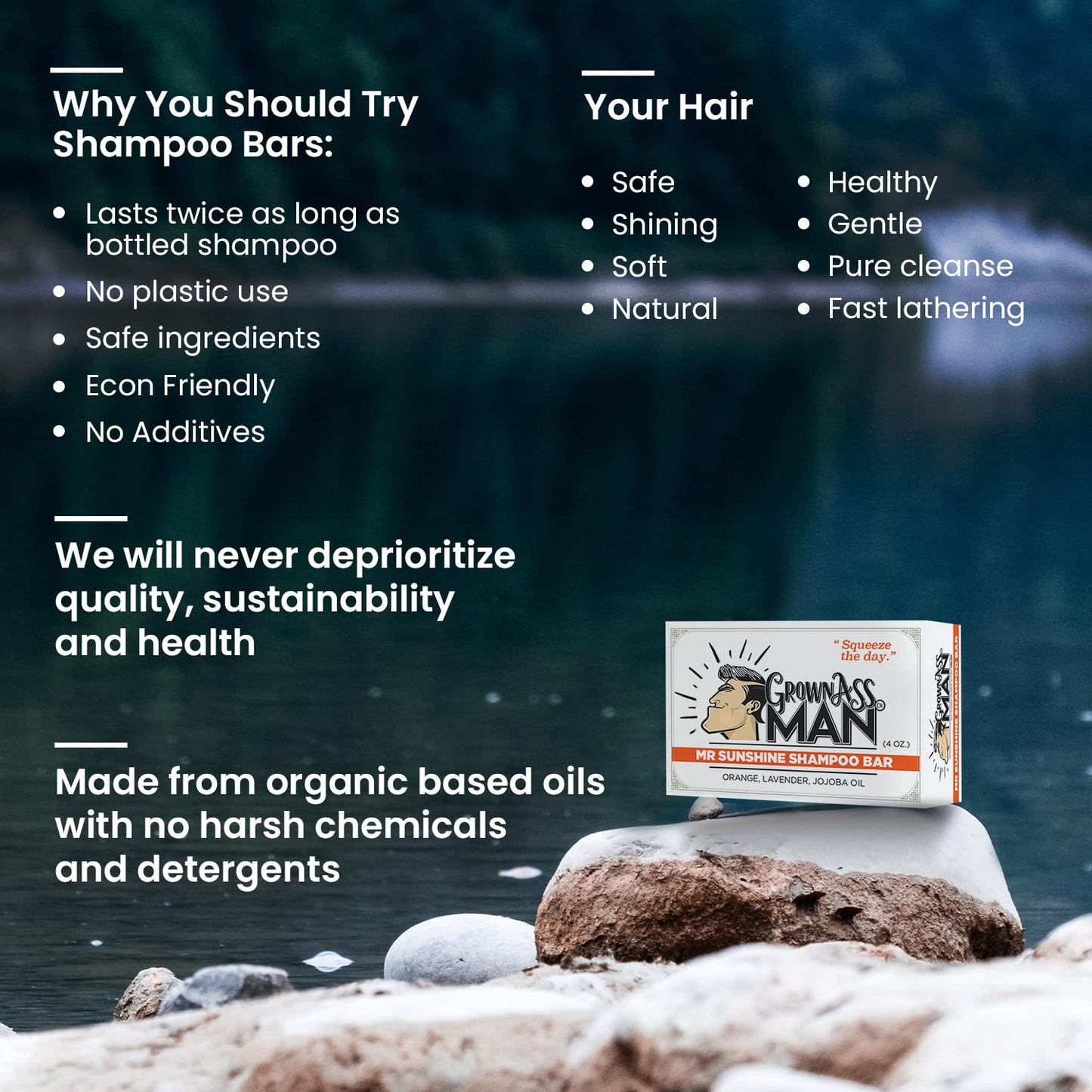 Solid Shampoo Bar Rich Lather 3 in 1: Hair, Beard & Body Wash - Plastic Free & Eco-Friendly, Natural & Organic Clean for All Hair Types, 4oz Bar (Mister Sunshine, 3-Pack)