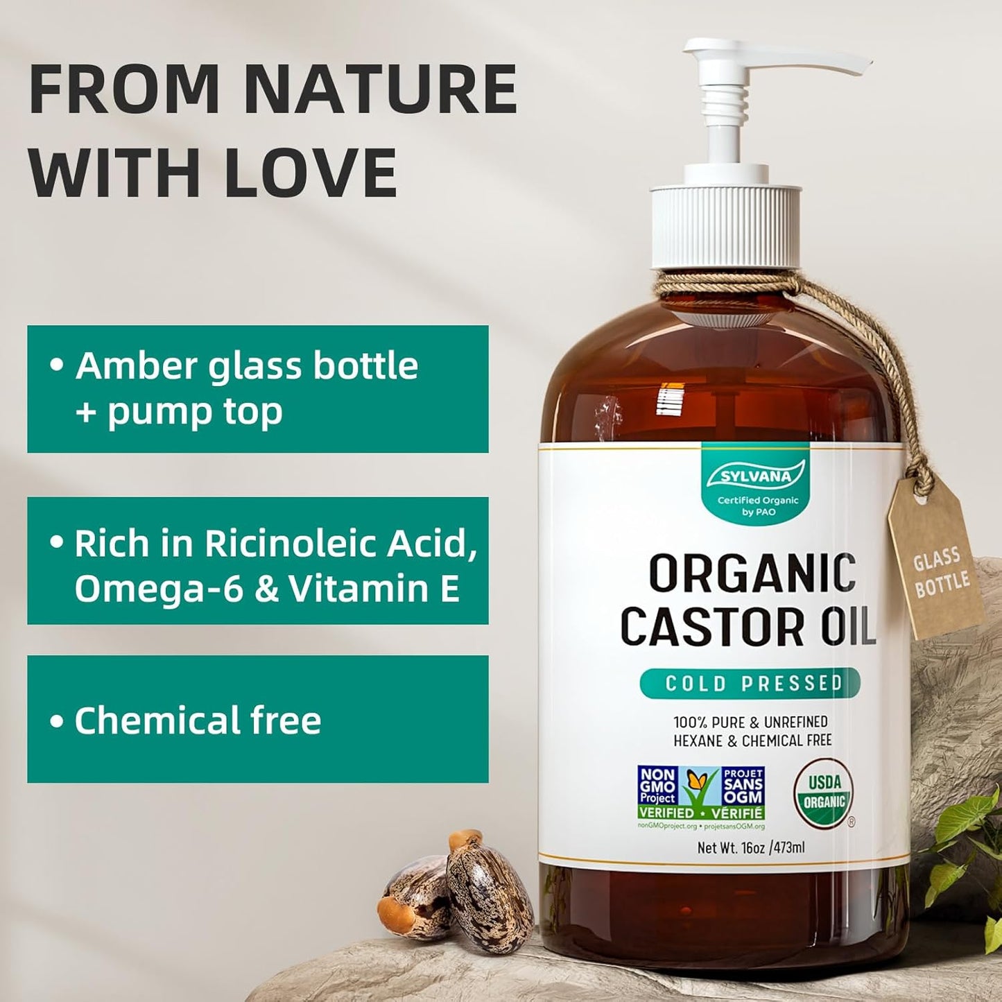 SYLVANA Organic Castor Oil with Pump (16oz Glass Bottle), USDA Certified Organic, Cold Pressed, Hexane Free, Vegan - 100% Pure Castor Oil for Hair Growth, Nourishing Skin, Lashes & Eyebrows