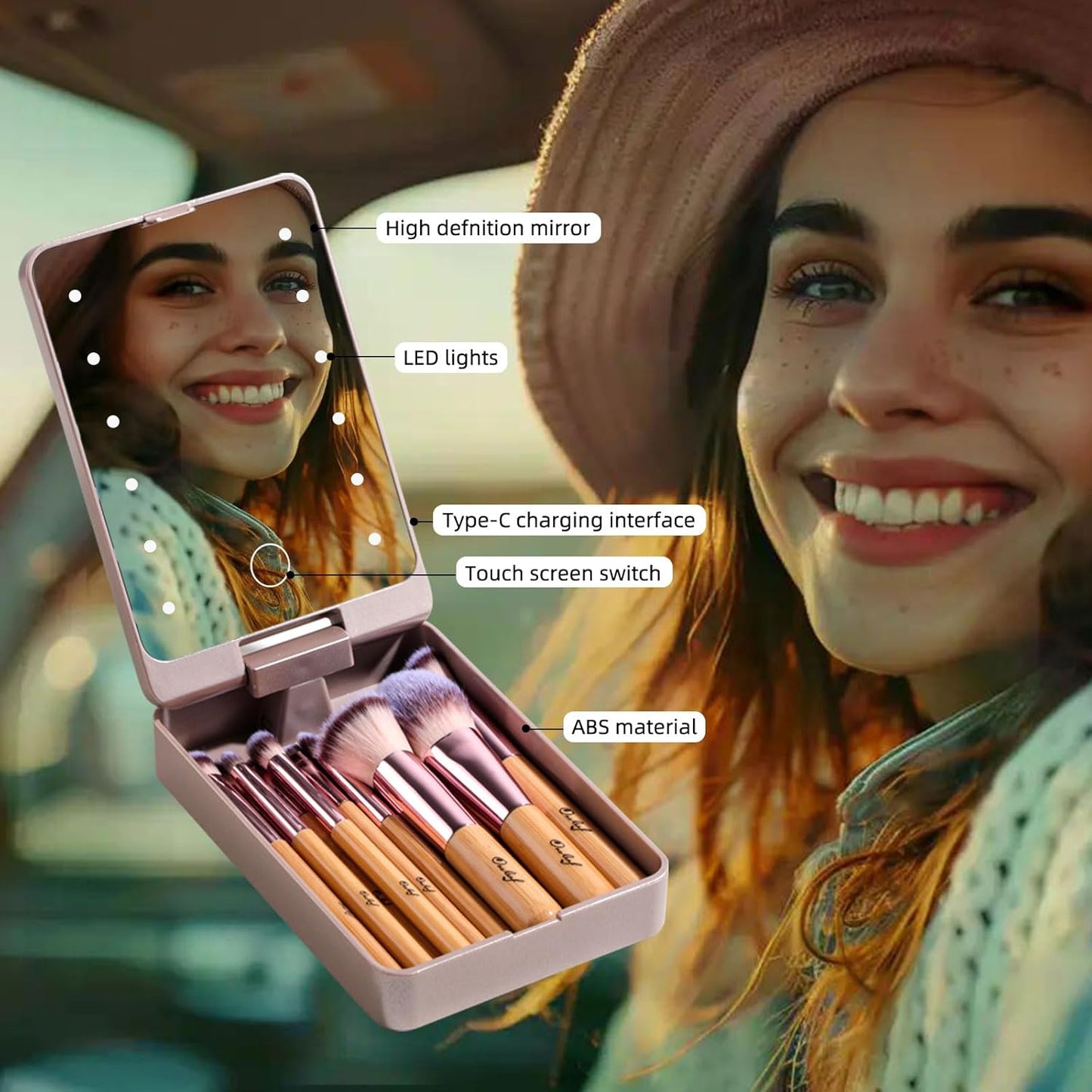 Oneleaf Travel Makeup Brush Set Foundation Powder Concealers Eye Shadows Makeup Set with LED light Mirror 14 Pcs Mini Makeup Brushes (Bamboo)