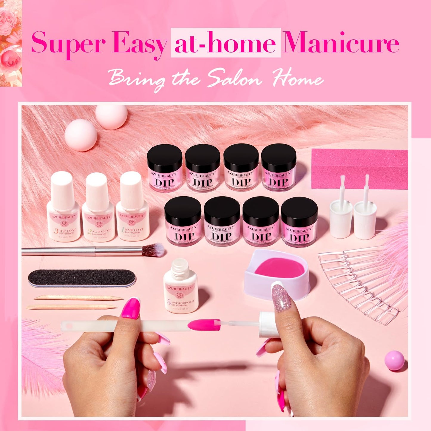 AZUREBEAUTY Dip Powder Nail Starter Kit with Matte Coat, 8 Hot Pink Glitter Neon Summer Color, Dipping Powder Liquid Set with Base/Top Coat/ Activator/10 Nail Sticks Salon at Home