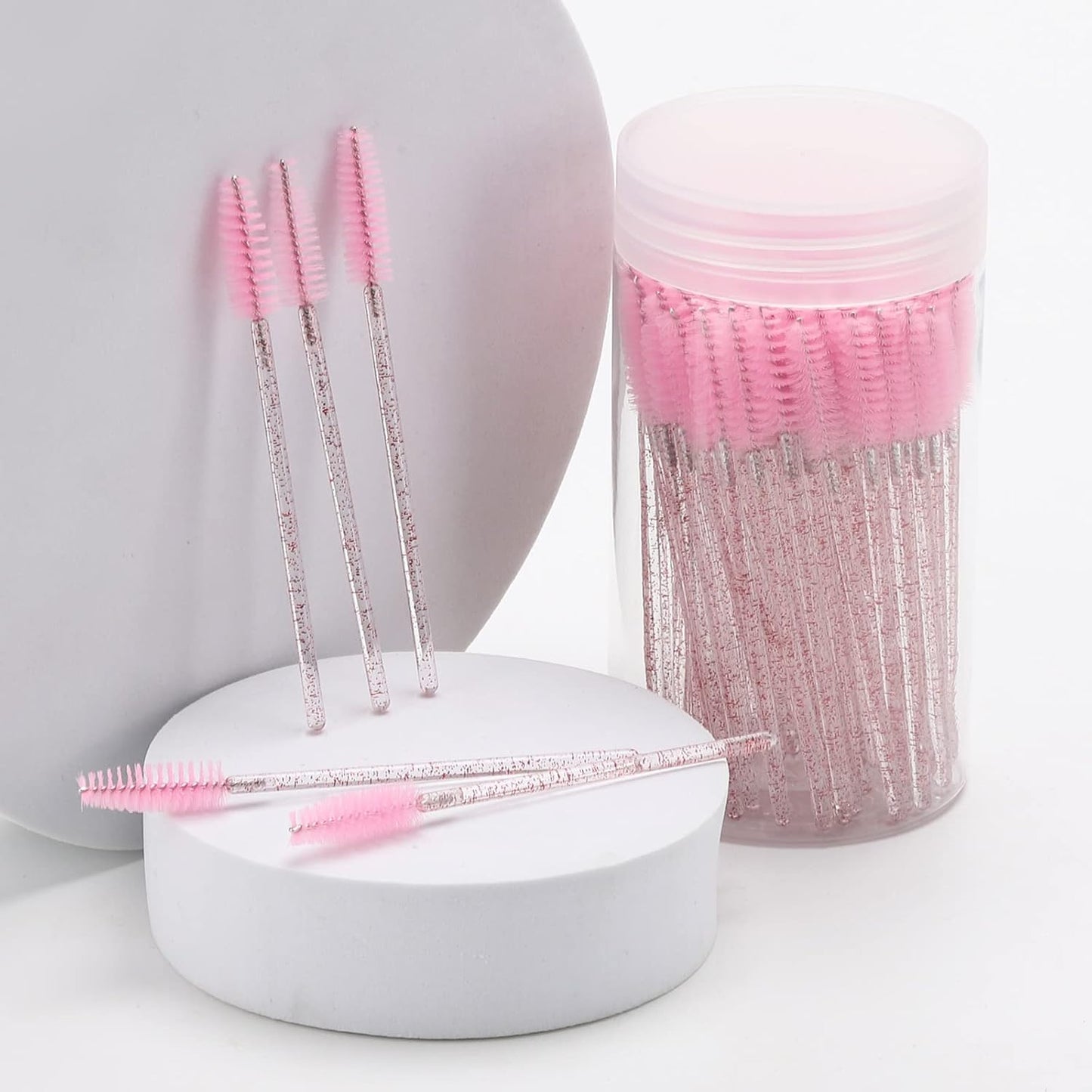 100 Pcs Disposable Mascara Wands, Lash Brushes with Container, Crystal Eyebrow Spoolies Brush for Eyelash Extensions (Pink, Hotpink)