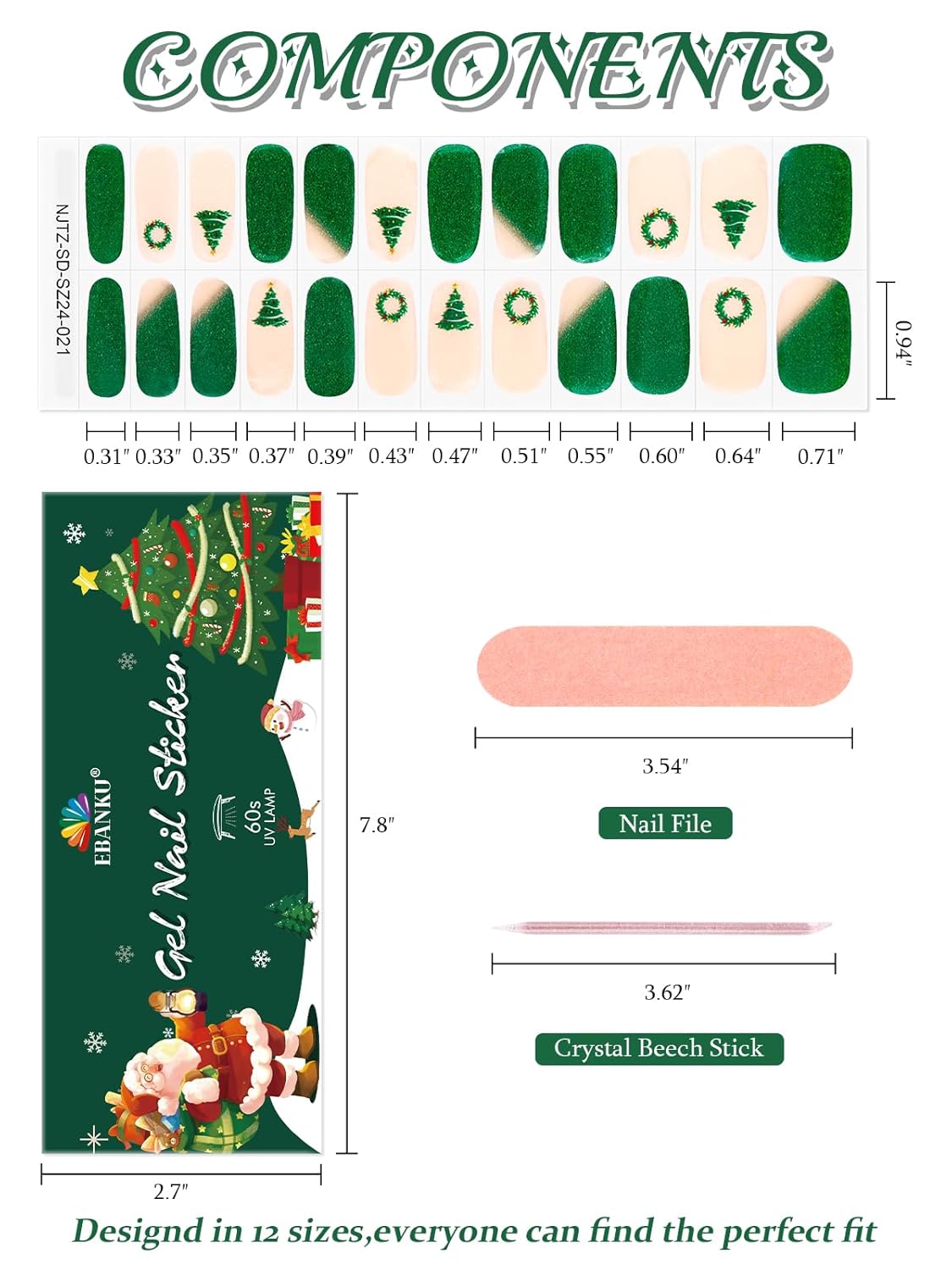 EBANKU 24PCS Christmas Semi-Cured Gel Nail Strips, Christmas Tree Christmas Wreath Adhesive Gel Nail Art Sticker, Waterproof Gel Nail Wrap Stickers with Nail File and Stick(UV/LED Lamp Required)