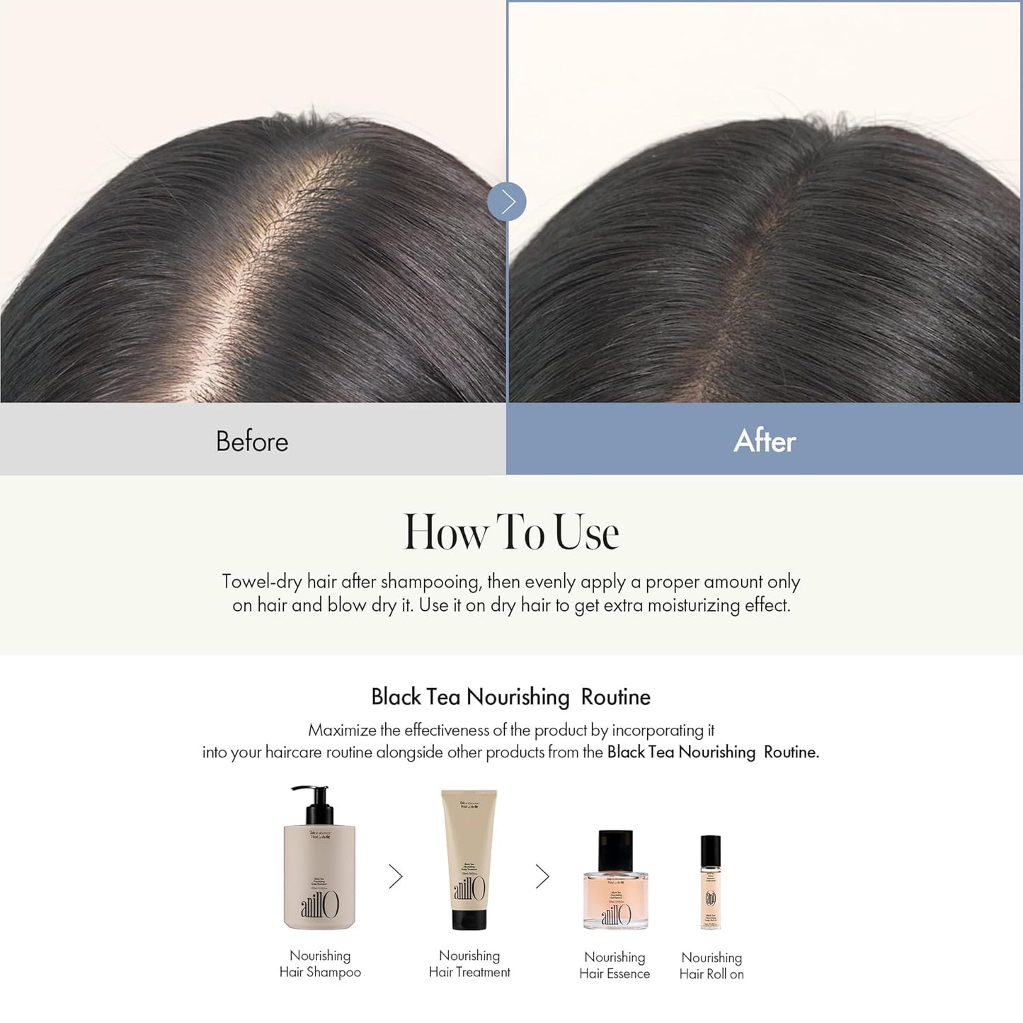 Black Tea Nourishing Hair Essence with Green Tea, Protein & Biotin for Nourishment and Shine, Creamy Woody Scent, Paraben-Free (50ml / 1.69 fl. Oz)