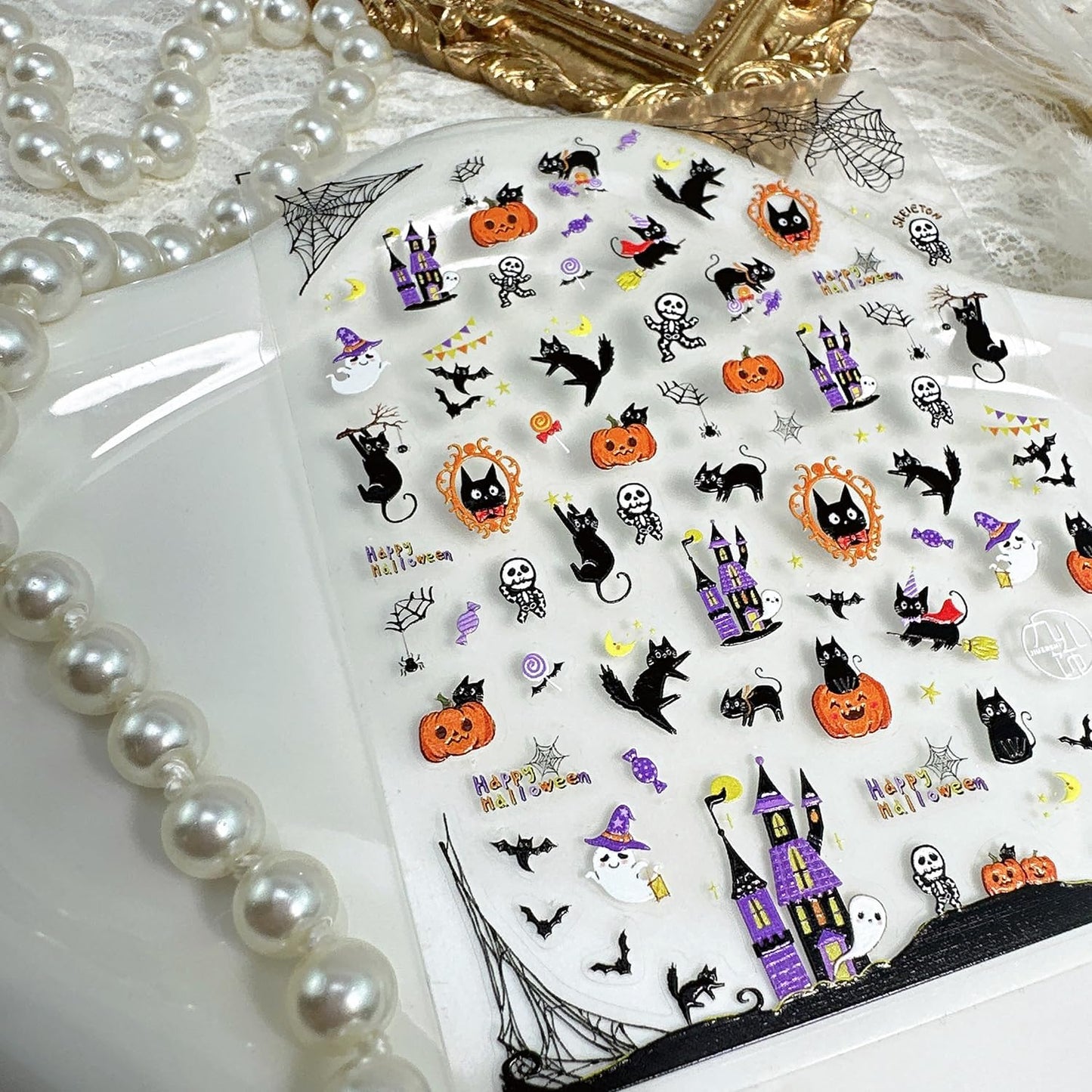 1 Sheets Embossed Halloween Nail Stickers for Nail Art Cute Pumpkin Black Cat Nail Decals Self-Adhesive Horror Ghost Skeleton Nail Art Stickers 5D Spider Web Nail Design Decals for Women