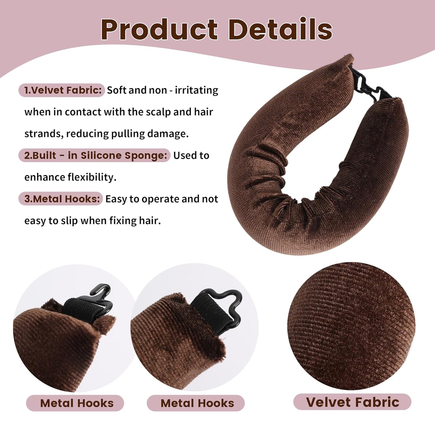 Heatless Curls Overnight Hair Curler - 4 Pcs Curling Rod to Sleep In, Velvet Hair Rollers with Satin Hair Scarf Girl's gift (Brown)