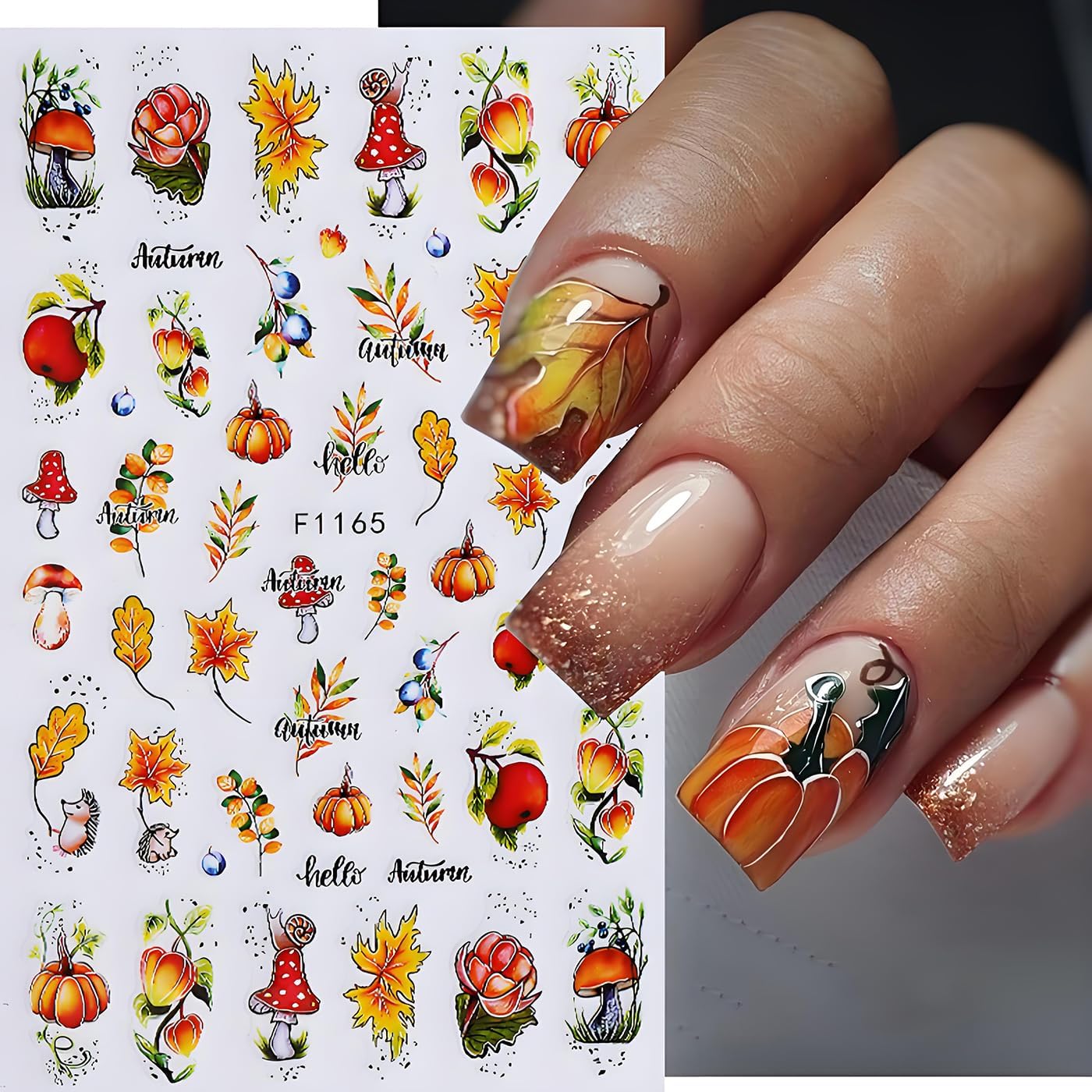 Fall Maple Leaves Nail Art Stickers for Thanksgiving, Maple Leaves Nail Decals 3D Self-Adhesive with Deer Pumpkin Flower Mushroom Design 6Pcs Nail Art Supplies for Women Nail Decoration