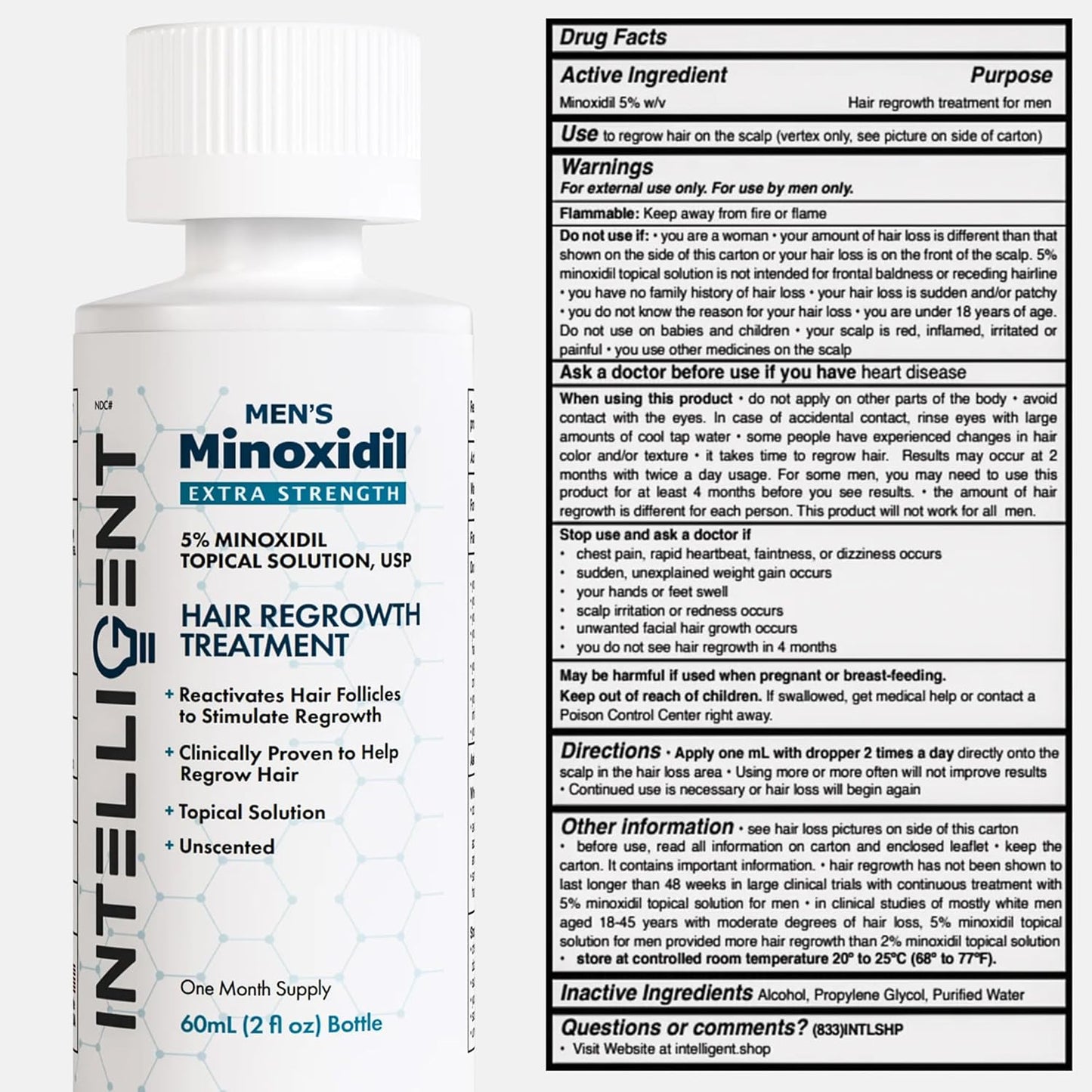 Intelligent Minoxidil | Fast-Drying, No-Grease | Extra Strength 5% Topical Hair Regrowth Treatment For Men | 2 fl oz (60 ml)