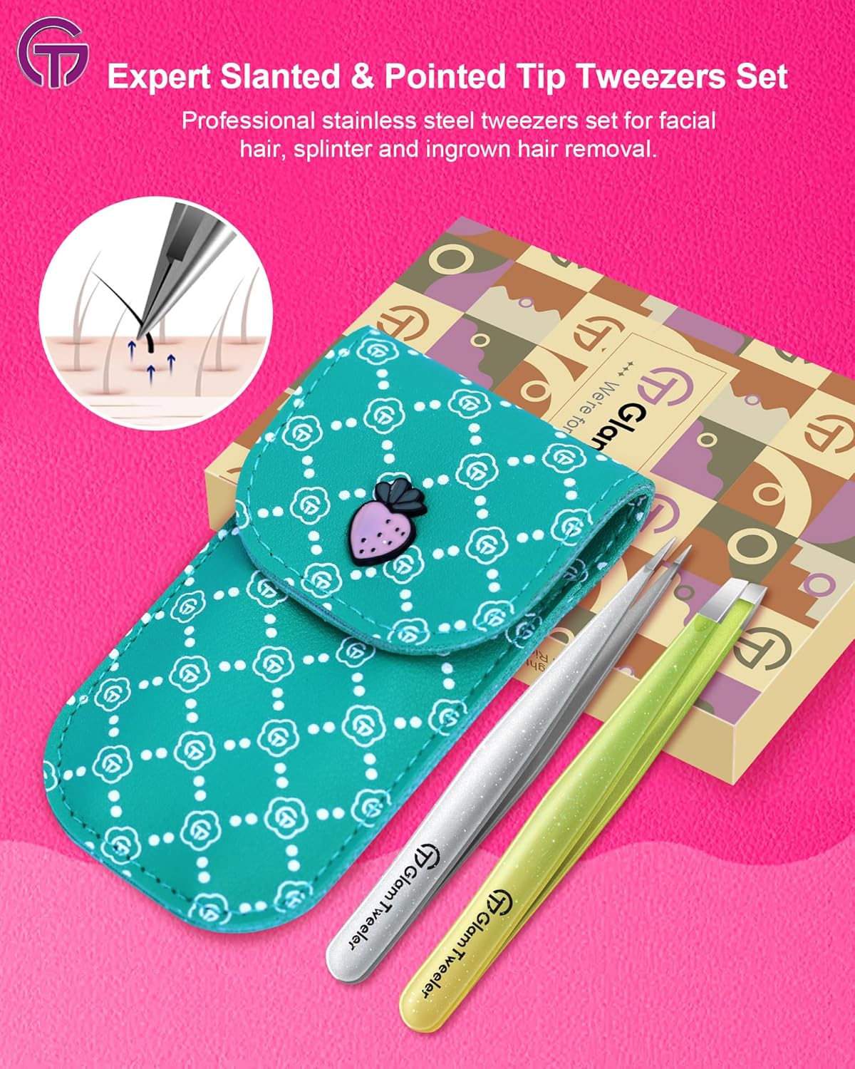 Expert Slant and Point Tip Tweezer Set with Exclusive Storage & Carrying Case, GlamTweeler Sharp & Precision Tweezer Set for Eyebrows, Facial Hairs & Fine Hairs Removal (Sparkle Apple Green + Silver)