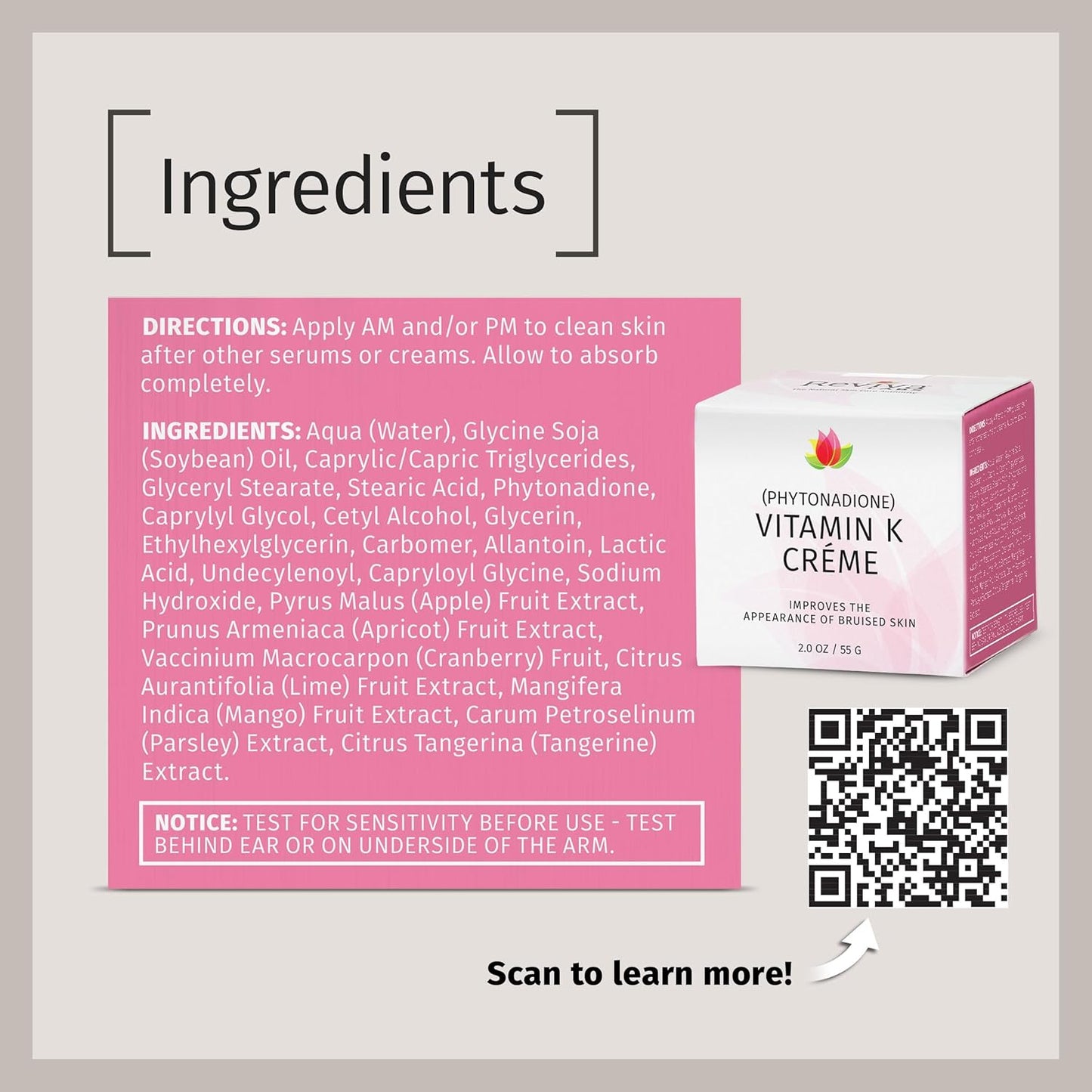 Reviva Labs Vitamin K Crème for Bruising, Under-Eye Dark Circles, and Wrinkles with Soybean Oil and Natural Fruit Extracts - 2 Oz, for Skin and Face