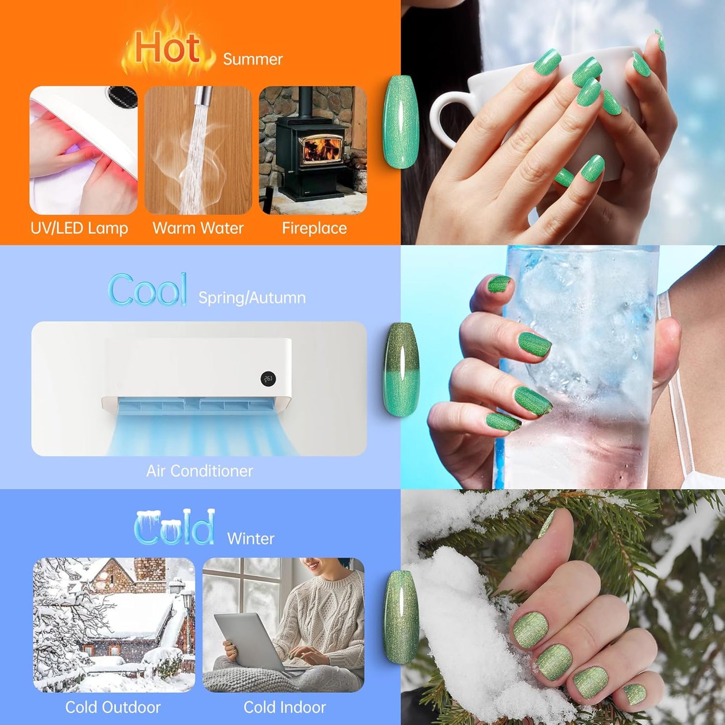 YTD Likomey Pearl Thread Color Changing Gel Nail Polish,15ml Green To Dark Green Shell Mermaid Drawing Pearlescent Shimmer Glitter Mood Temperature Change Fall Winter Thermal Ombre UV Nail Gel,WB426