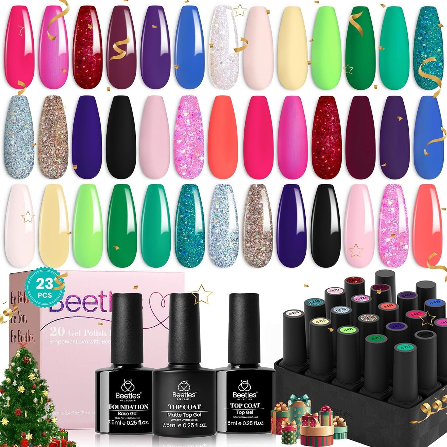 Beetles Glitter Gel Nail Polish Set, 23pcs Gel Polish Brown Pink Blue Purple Green Soak Off UV Kit with Glossy Matte Top and Base Coat