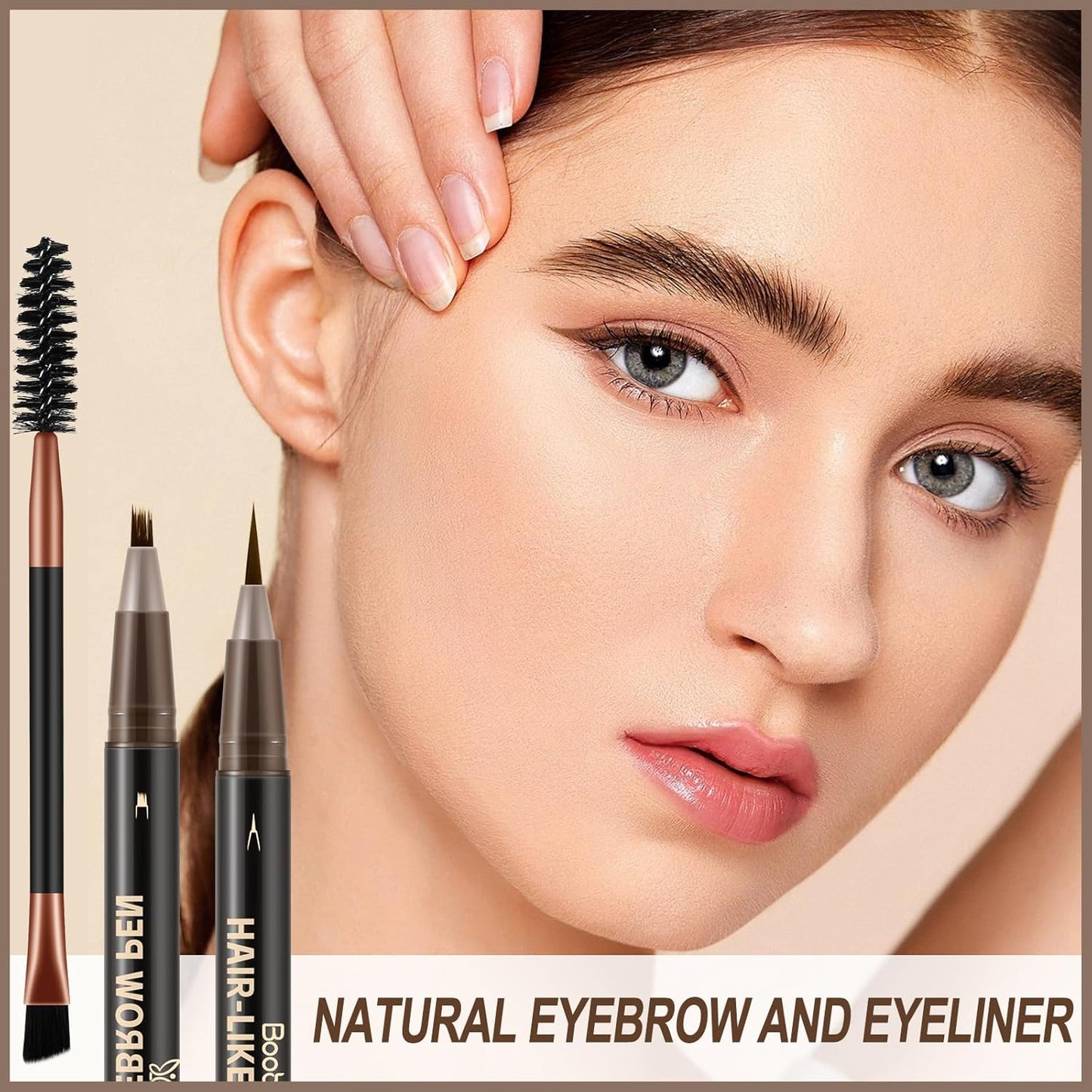 Boobeen 2pcs Waterproof Eyebrow Pen,Dual-Ended Eyeliner Microblading Eyebrow Pencil for Women,Long Lasting Hair-Like Brow Pen with Brow Brush,Dark Brown