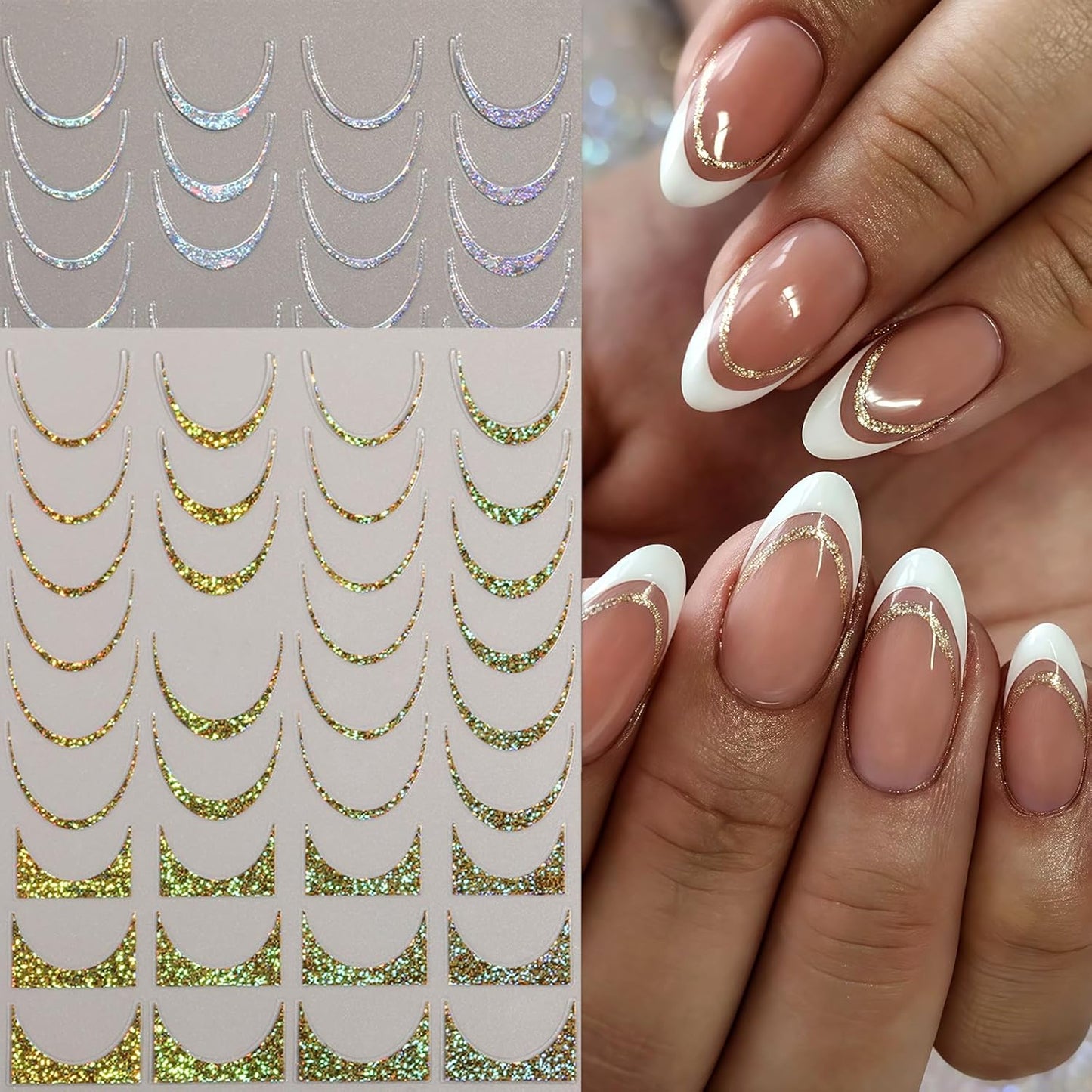 8 Sheets French Tip Nail Art Stickers 3D Self-Adhesive Gold Laser Stripes French Line Transfer Decals Curved Lines Nail Art Designs Glitter Guides Stripe Manicure Accessories for Women DIY Nail Decor